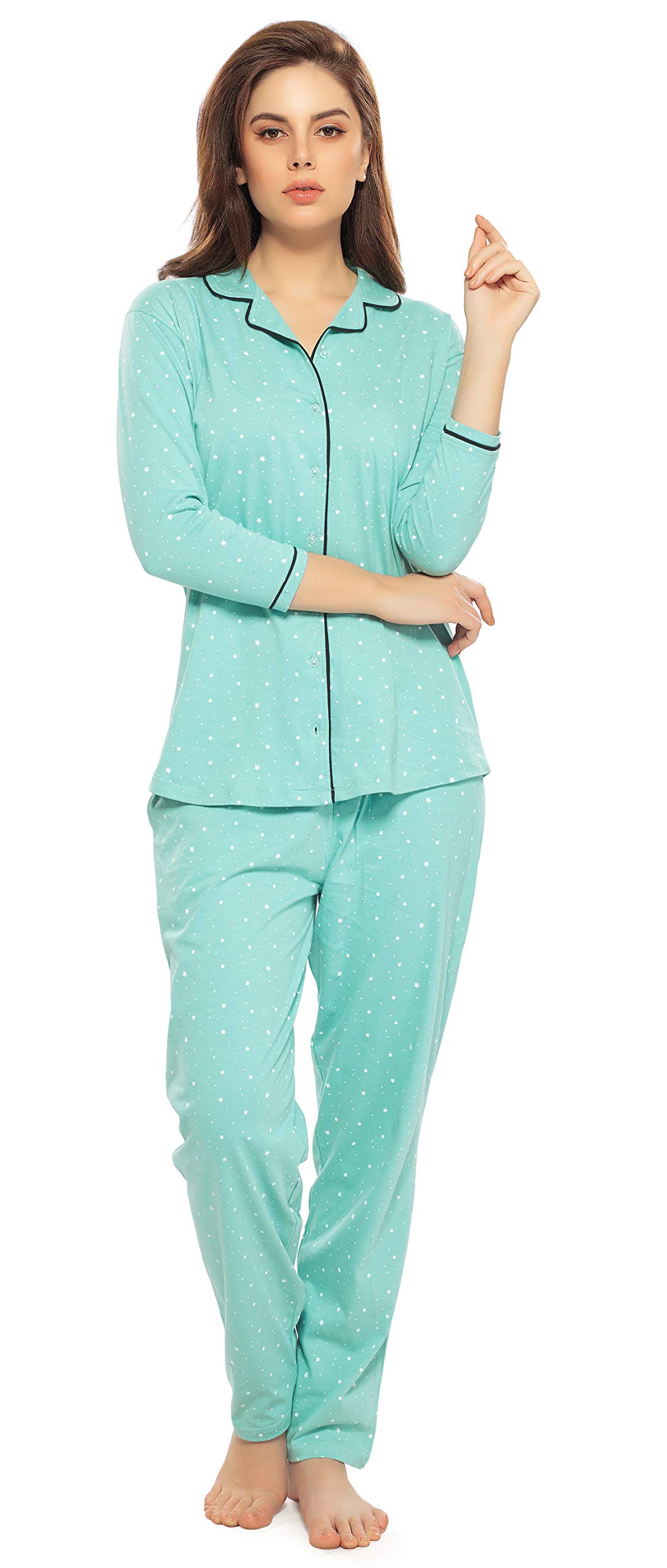 ZEYO Women's Cotton Star & Dot Printed Green Night Suit Set of Shirt & Pyjama 5155