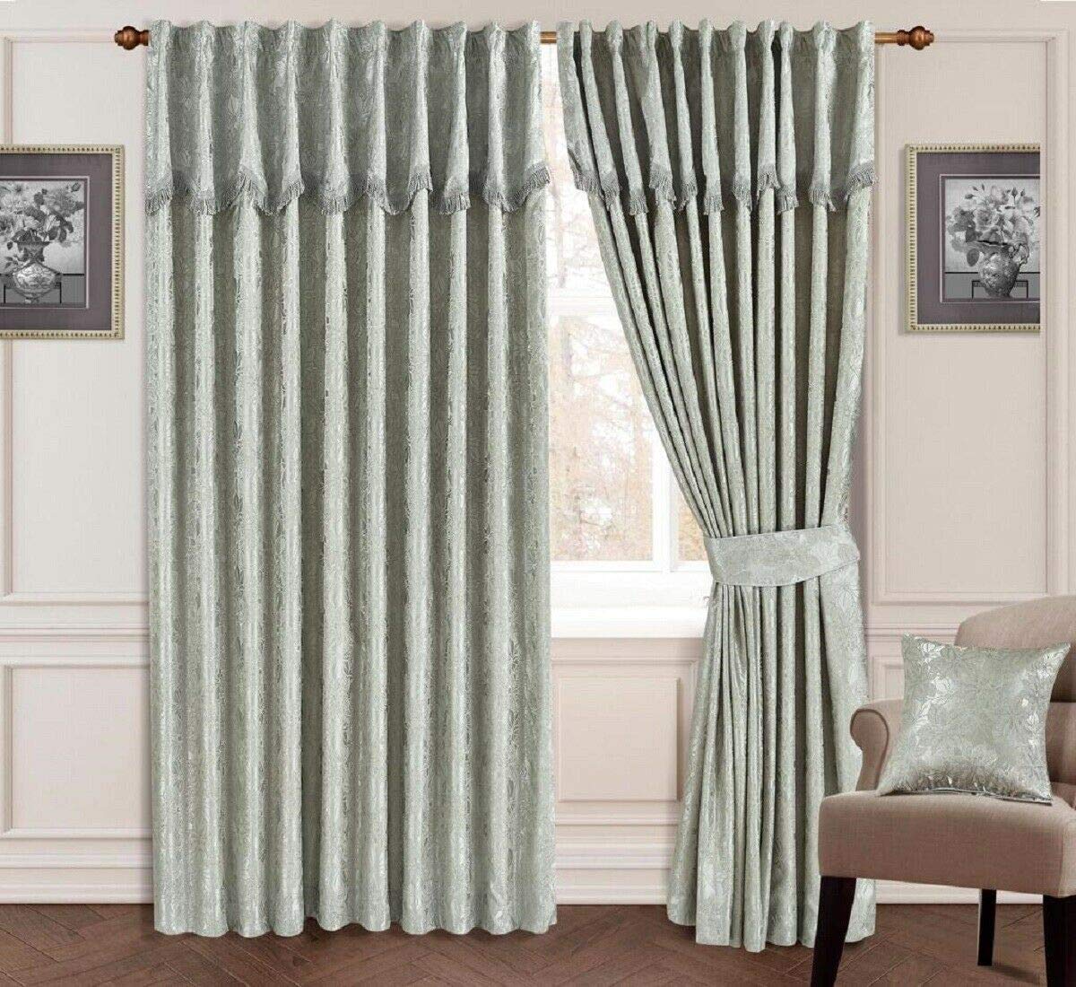 Householdfurnishing Curtains Glitter Jacquard Fully Lined With Pelmet Tiebacks (Silver, 66x72)