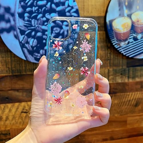 Miniatura 4 de Diseñada para iPhone 13, funda estética brillante transparente con diseño de flores naturales, TPU suave prensado floral real, a prueba de golpes,