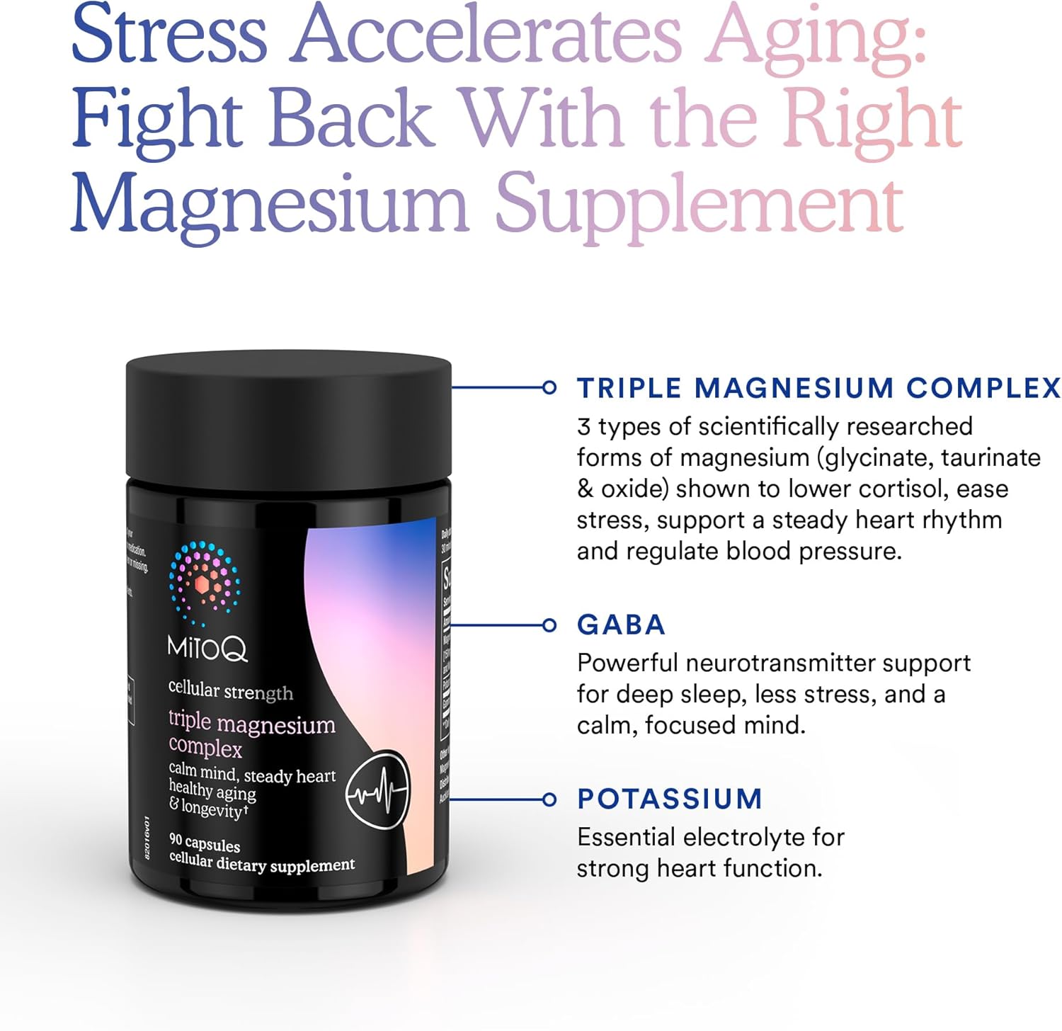 MitoQ Triple Magnesium Complex | Magnesium Glycinate, Taurinate, Oxide with GABA for Heart Health, Stress Management, & Deeper Sleep | High Absorption | 90 Capsules