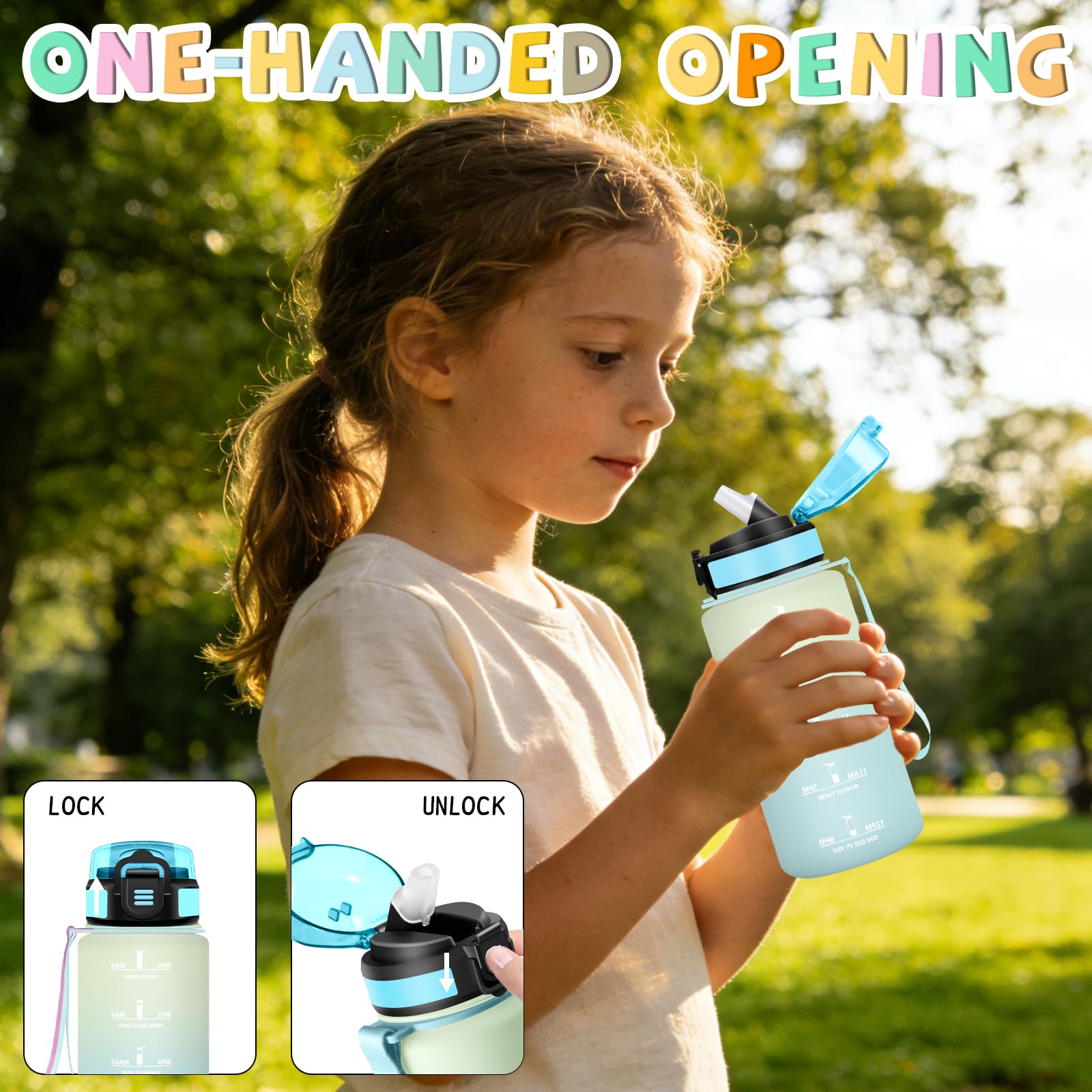 Mujigaga Borraccia Bambini, Borraccia 500 ml, Borraccie con Cannuccia, Senza Perdite, Borracce Motivazionale, Facile da Trasportare, Con Slogan Motivazionale, Borracce per Scuole, Sport, Nuotare