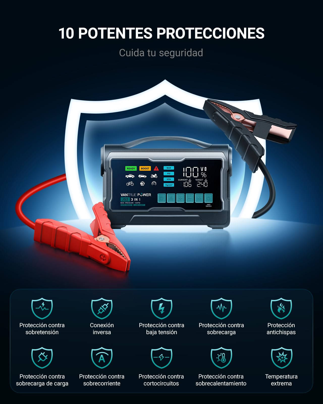 JS2 Arrancador, 16000mAh, 160 PSI Compresor, 65W, 59,2Wh Inflador con compart. boquillas y máx. Velocidad de inflado, indicador LED –para Gasolina 8L/diésel 7L, Incl. LED y Cables