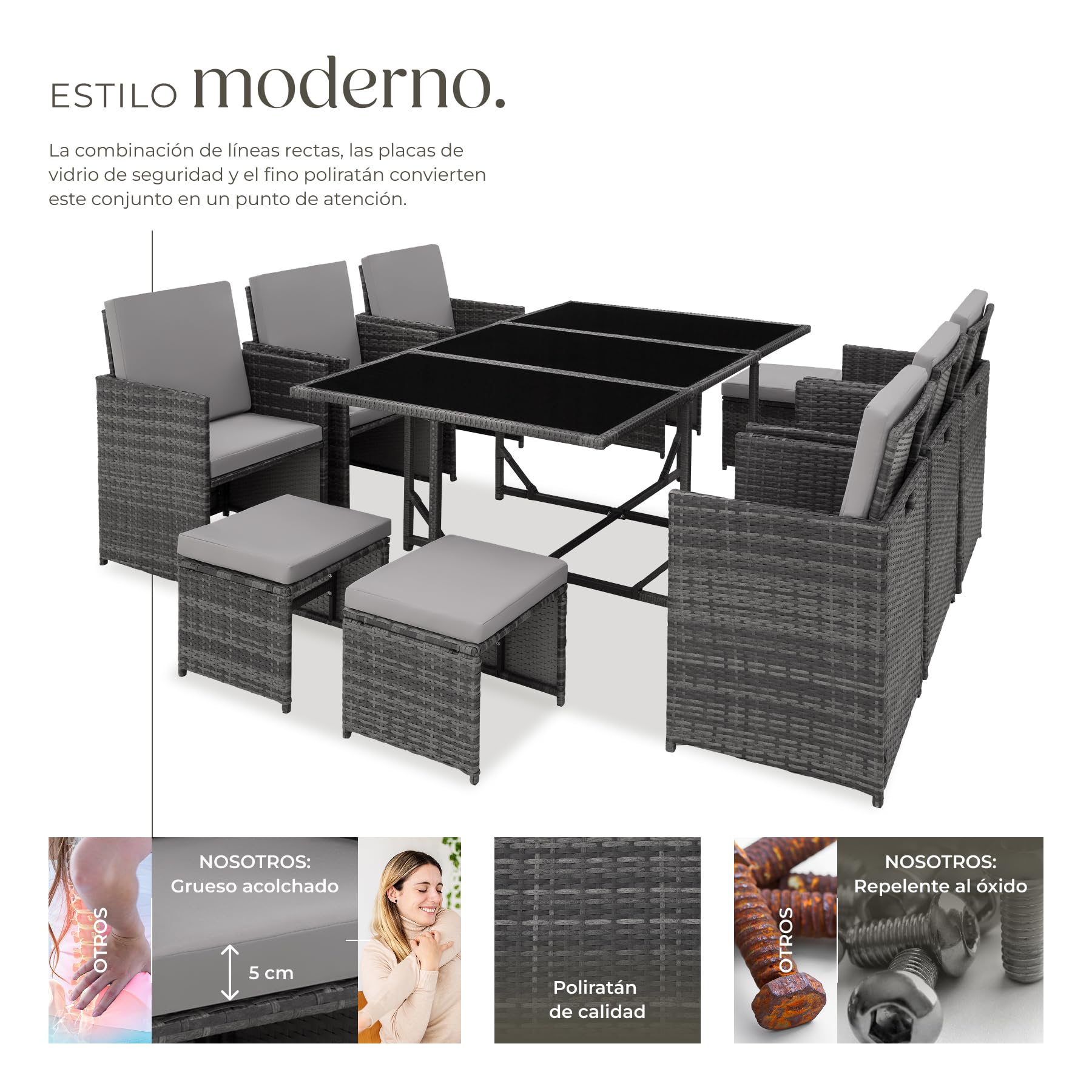 tectake® Conjunto Jardín Exterior de Ratán y Acero, Agrupable en Cubo, Muebles Jardín Exterior Resistente a la Intemperie, para 6-10 Personas, Fundas Extraíbles y Funda Protectora - Gris Claro
