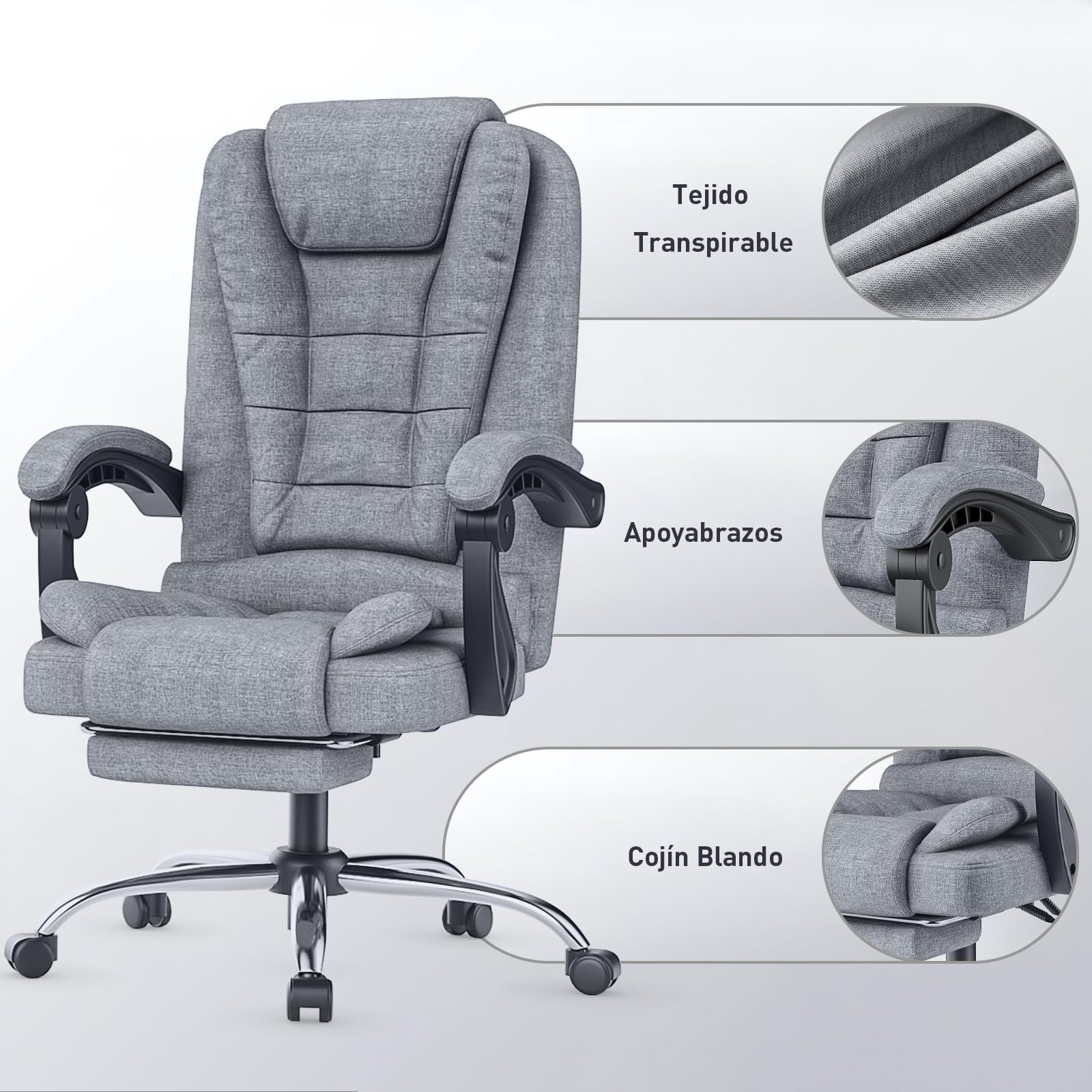 naspaluro Silla de Oficina con Reposapiés, Ergonómica Silla Ejecutiva con Respaldo Alto, Altura Ajustable, Silla Giratoria, Computadora Silla Reclinable, Gris