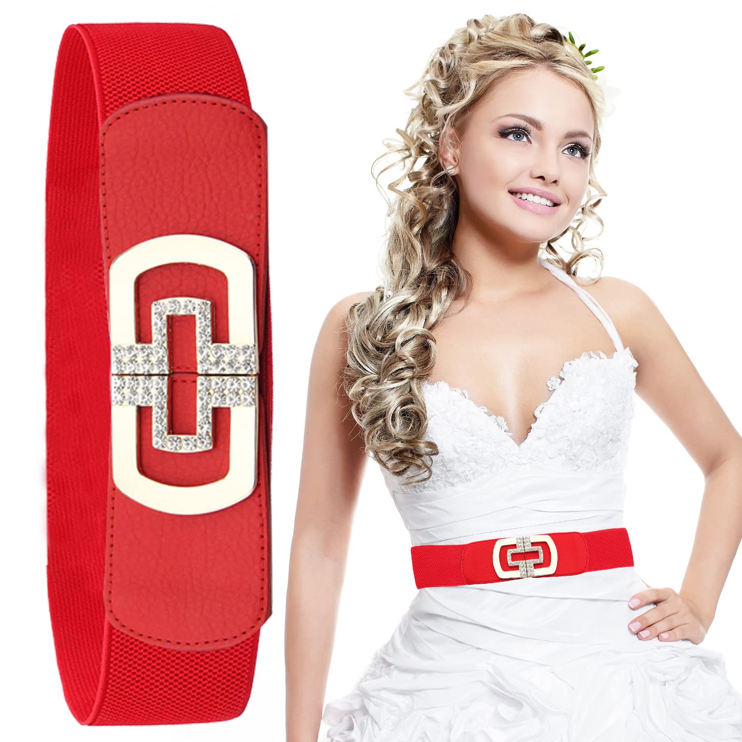 Trimming Shop Elastic Waist Belt Wide Elasticated Stretch Waistband PU Leather with Diamante Studded Buckle Belt Women Dresses, 60mm Wide