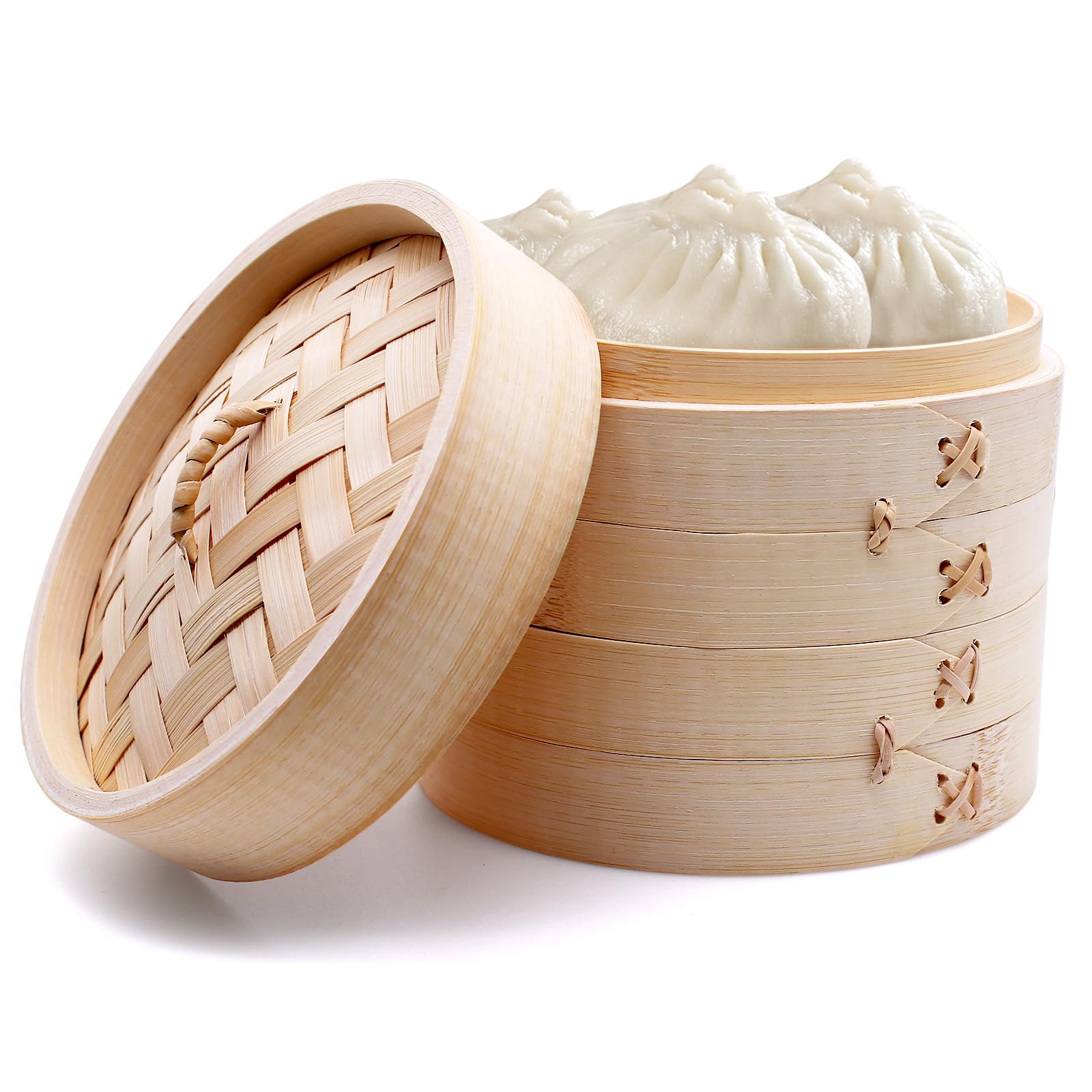 Cuiseur Vapeur en Bambou - 2 Étages Avec Couvercle - 15 cm - Panier Avec 2 Tapis de Cuisson en Silicone - Pour Boulettes, Riz, Dim Sum, Légumes, Viande (S)