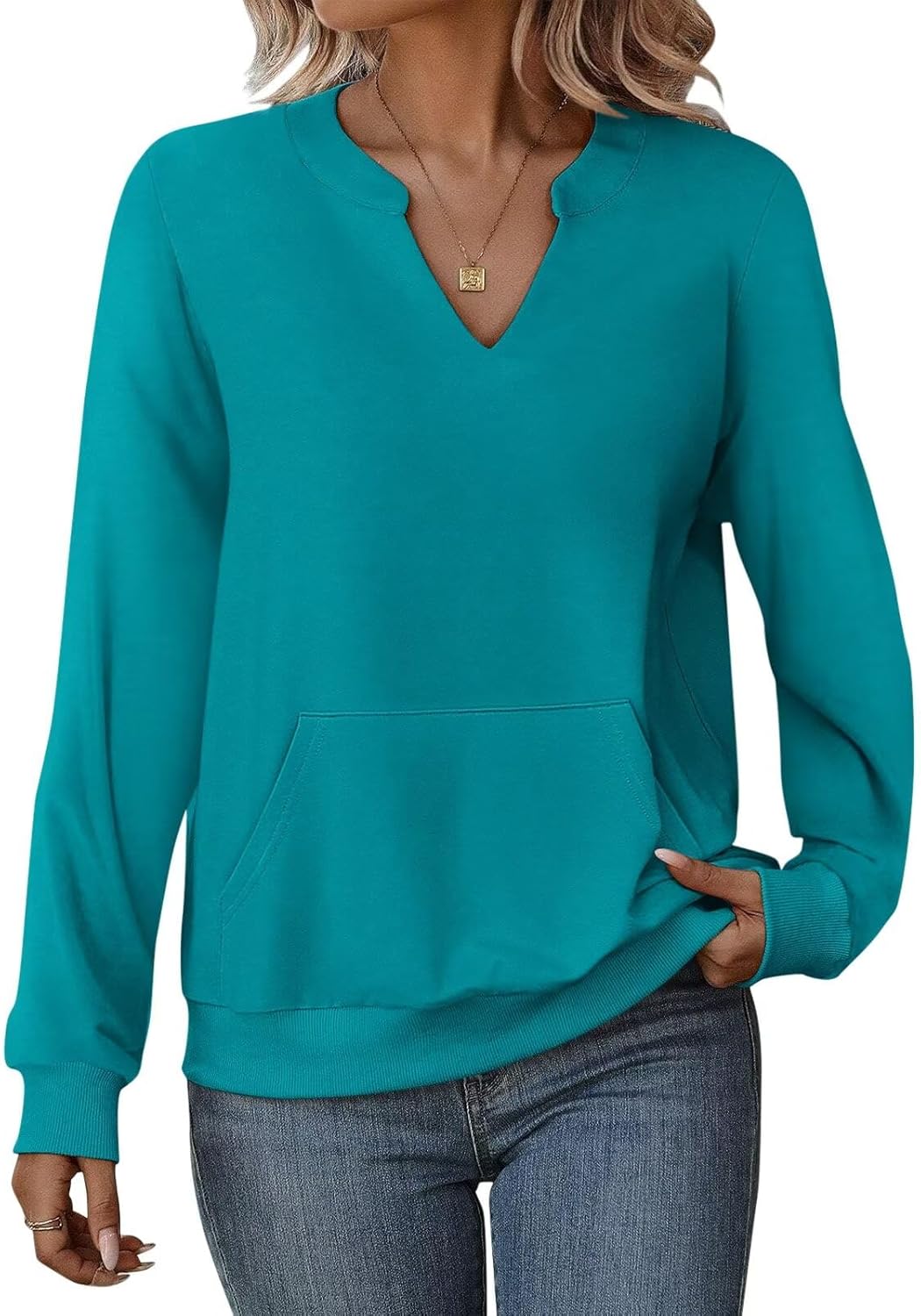 EADINVE Womens Casual Sweatshirts with Pockets Long Sleeve V Neck Lightweight Pullover Casual Loose Fit Tops Fall Clothes Turquoise