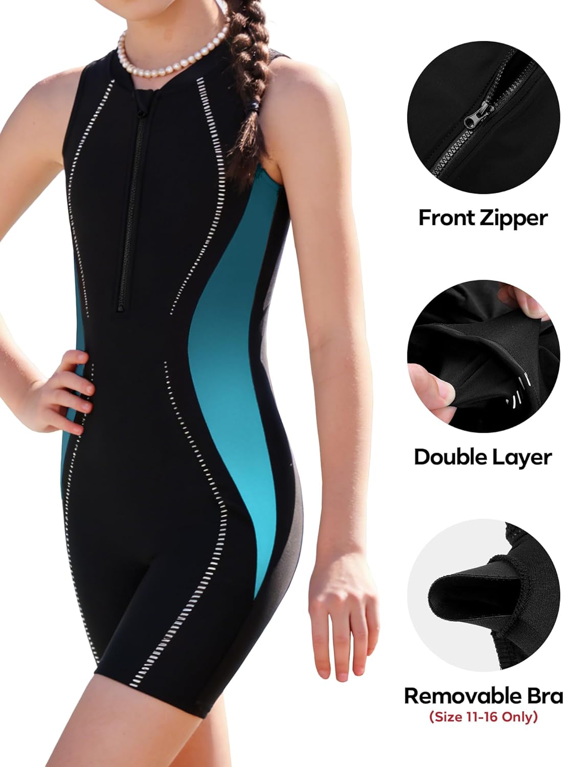 BeautyIn Girls Swimsuit Boyleg One Piece Bathing Suit Zip Up Teen Practice Swimwear Size 7-16 - Image 4