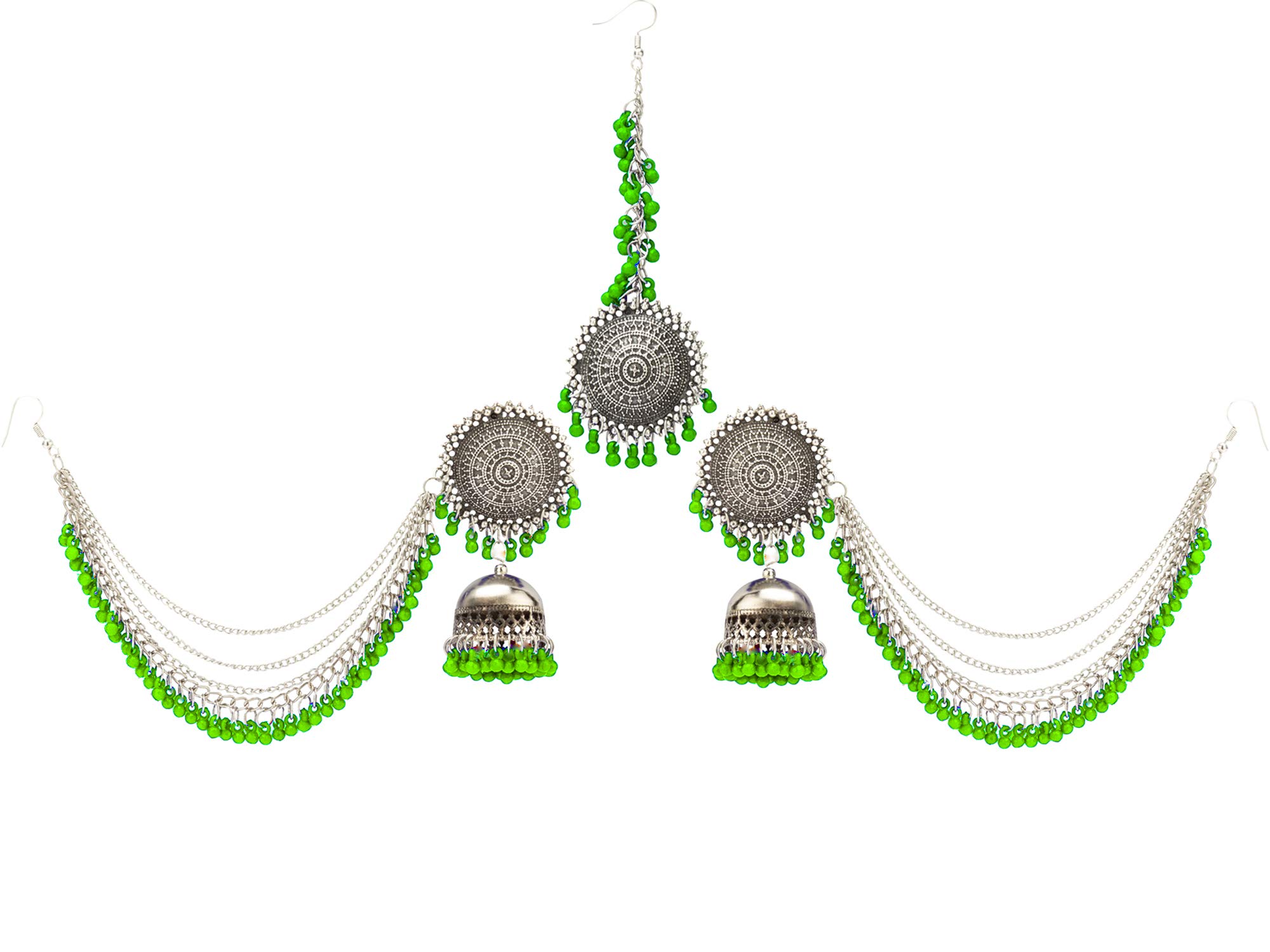 Yellow Chimes German Oxidised Silver Antique Traditional Maang Tikka with Earrings Jewellery Set for Women and Girls (Green) (B083QFYHN6) Amazon Price History, Amazon Price Tracker