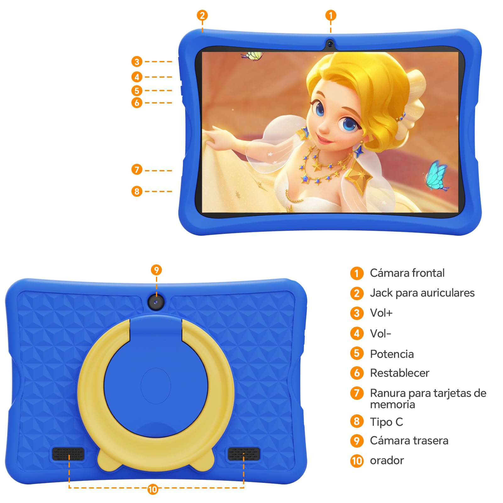 DigiLand Tableta para Niños de 10,1 Pulgadas, Android 15 con Funda Protectora, 6GB+32GB, Pantalla IPS 1280*800, Cámara Dual 2MP+5MP, 6000mAh, Tableta de Aprendizaje con Control Parental e iWawa (Azul)