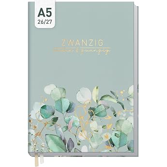 H fft  Business Timer Diary 2026 2027 A5 Minty Leaves 17 month book calendar from August 26 to Dec. 27 - Diary Weekly Planner