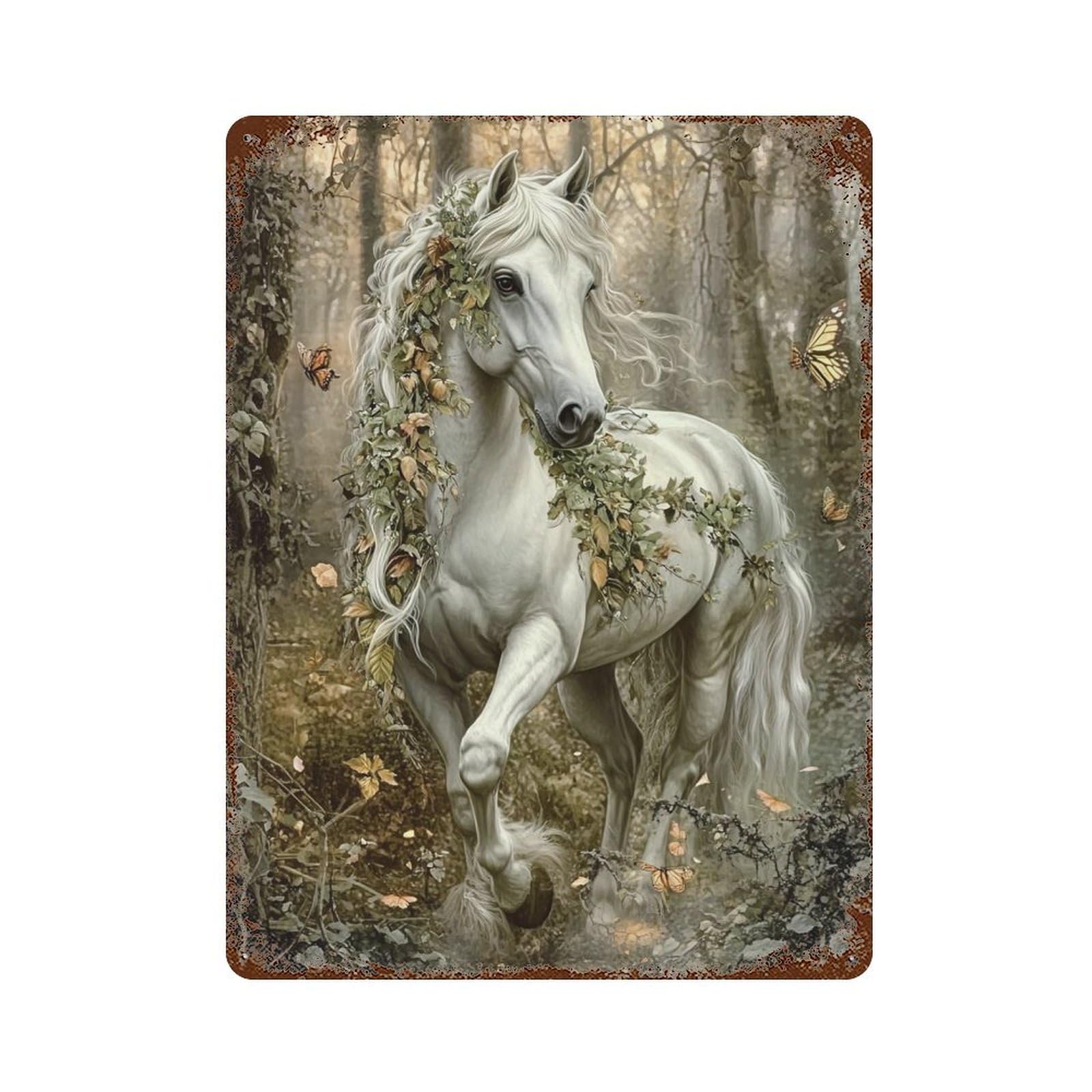 Rustic Tin Plaque Enchanted Forest Horse Art Print 15.7"x11.8", Retro Wall Decor for Shed, Workshop And Garage Wall Decor
