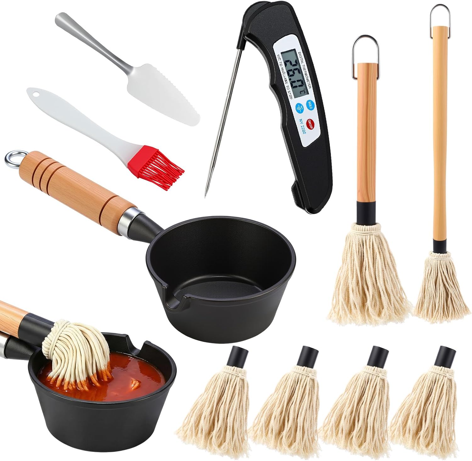 12 Pcs BBQ Mop Brush and Cast Iron Sauce Pot Set Include Cast Iron Basting Pot 2 Size Wooden Handle 6 Replacement Heads with Meat Thermometer Silicone Brush Spatula for Grilling Saucing
