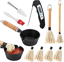 12 Pcs BBQ Mop Brush and Cast Iron Sauce Pot Set Include Cast Iron Basting Pot 2 Size Wooden Handle 6 Replacement Heads with Meat Thermometer Silicone Brush Spatula for Grilling Saucing