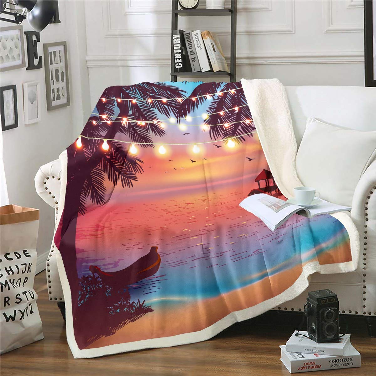 Loussiesd Ocean Beach Fleece Blanket Palm Tree Print Sherpa Blanket for Chair Sofa Couch Sea Sunset Scenery Fuzzy Blanket Tropical Hawaiian Holiday Plush Throw Blanket Room Decor Baby 30"x40"