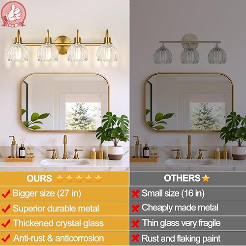 Miniatura 2 de Lámparas de baño de 4 luces, luces de tocador de 27 pulgadas de oro cepillado para baño con pantalla de tulipán transparente acanalado, accesorios