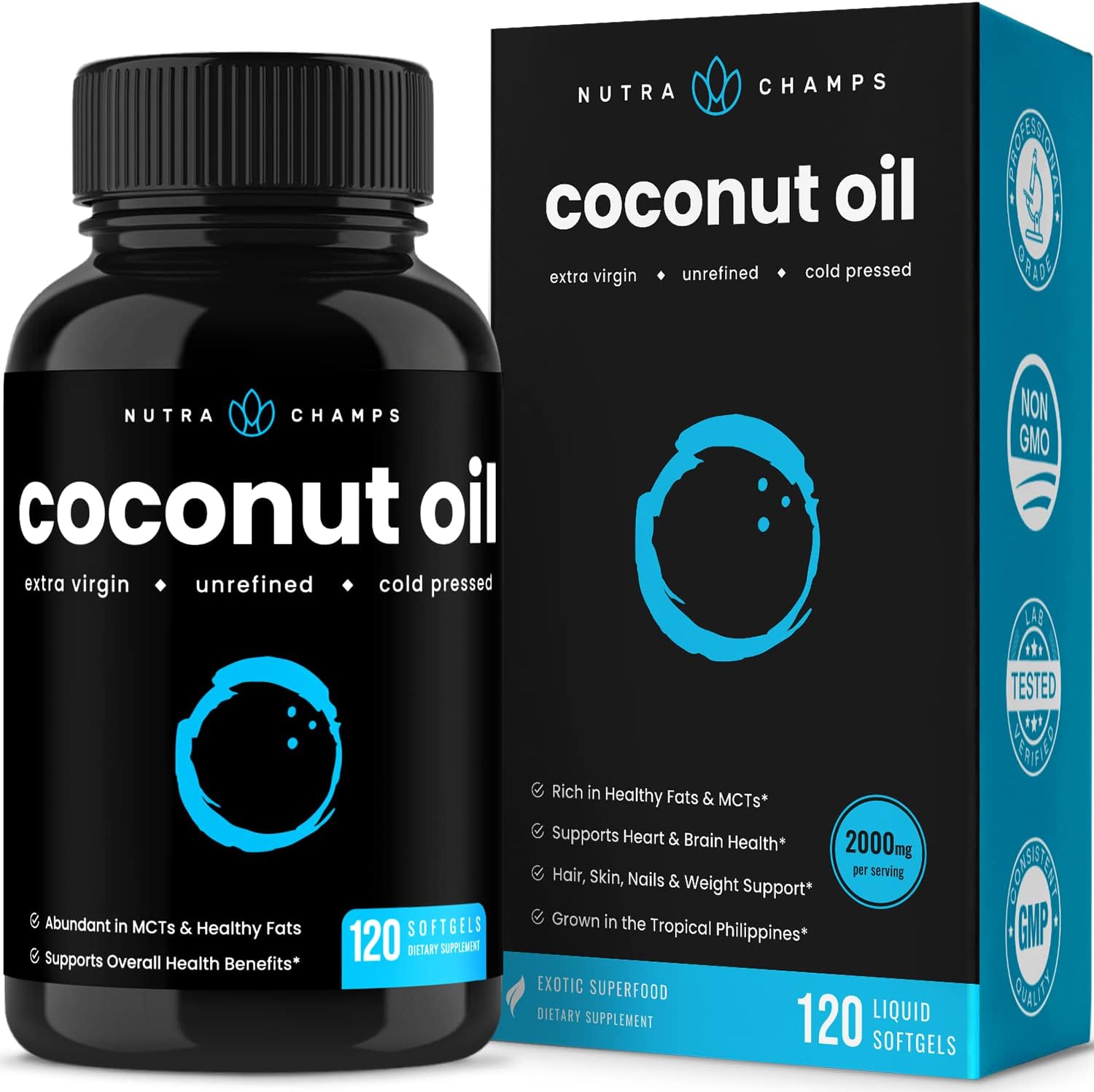 NutraChamps Organic Coconut Oil Capsules 2000mg - 120 Softgels Extra Virgin, Unrefined, Cold Pressed, Unfiltered 1000mg Pills Rich in MCT & MCFA for Hair, Skin, Nails, Heart, Brain Health