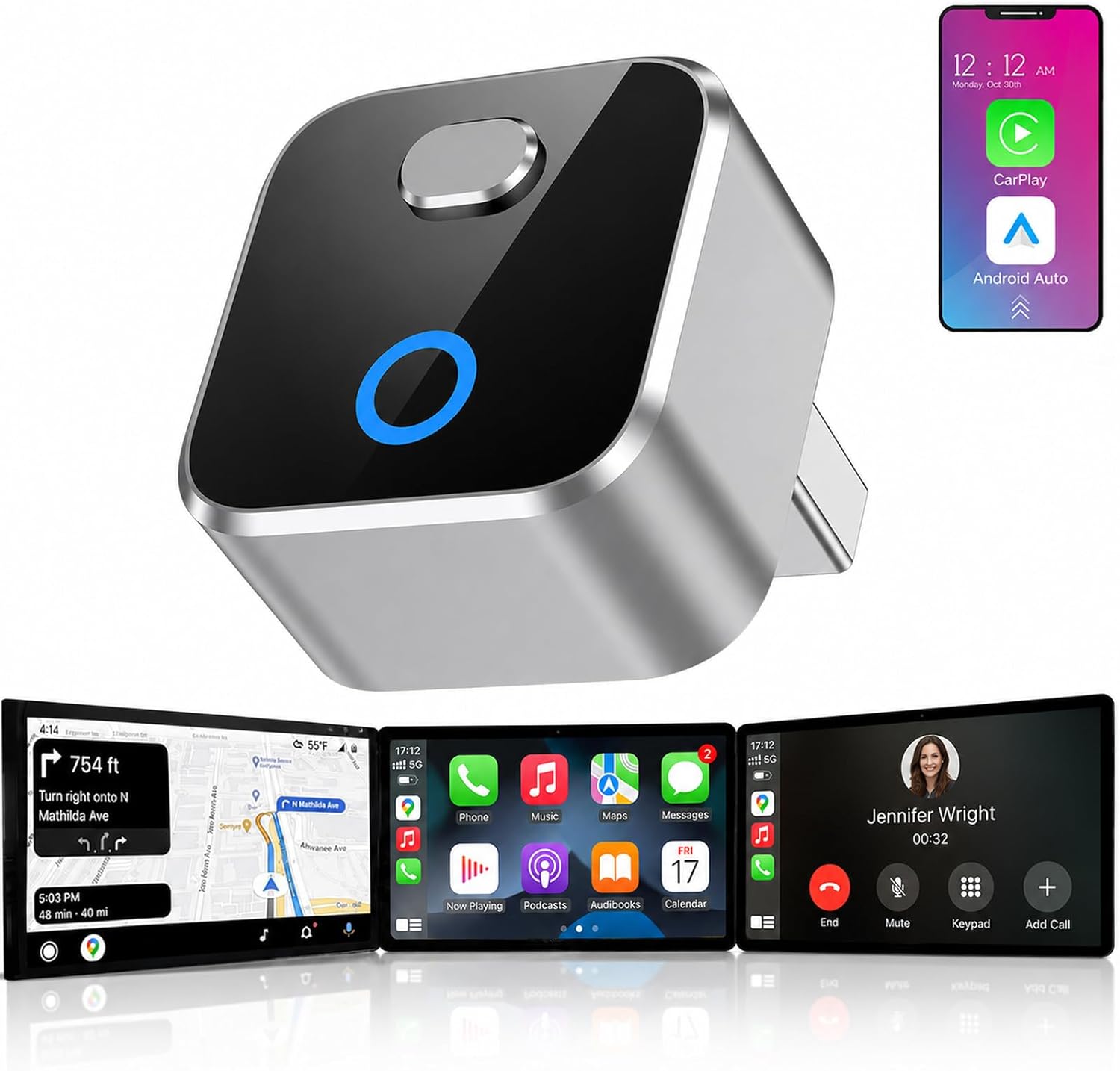 Wireless CarPlay Adapter for iPhone, 2-in-1 USB Carplay Wireless Adapter for CarPlay& Android Auto Wireless Adapter, One-Click Switch User, Supports Map,Music,Spotify,etc Functional(Silver)