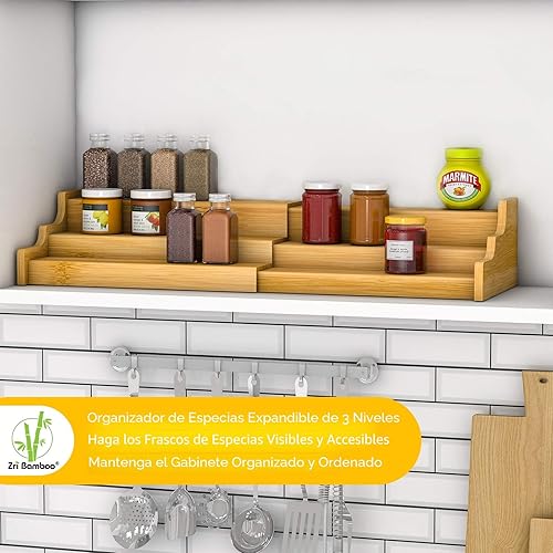 Miniatura 3 de Organizador de gabinete de cocina para especias, estante de exhibición expandible de bambú de 3 niveles, color amarillo