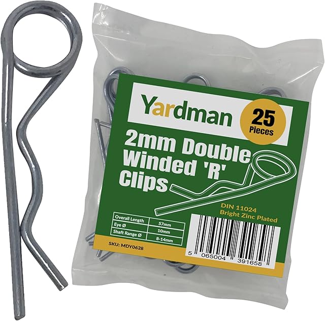 YARDMAN R Clips 25-pcs 2mm - Double Winded  Bright Zinc Plated - Locking Hitch Pin  R Shape Coil Cotter Pin - R Split Retaining Hair Pin Clips for Tractors, Trailers, Auto Mechanics