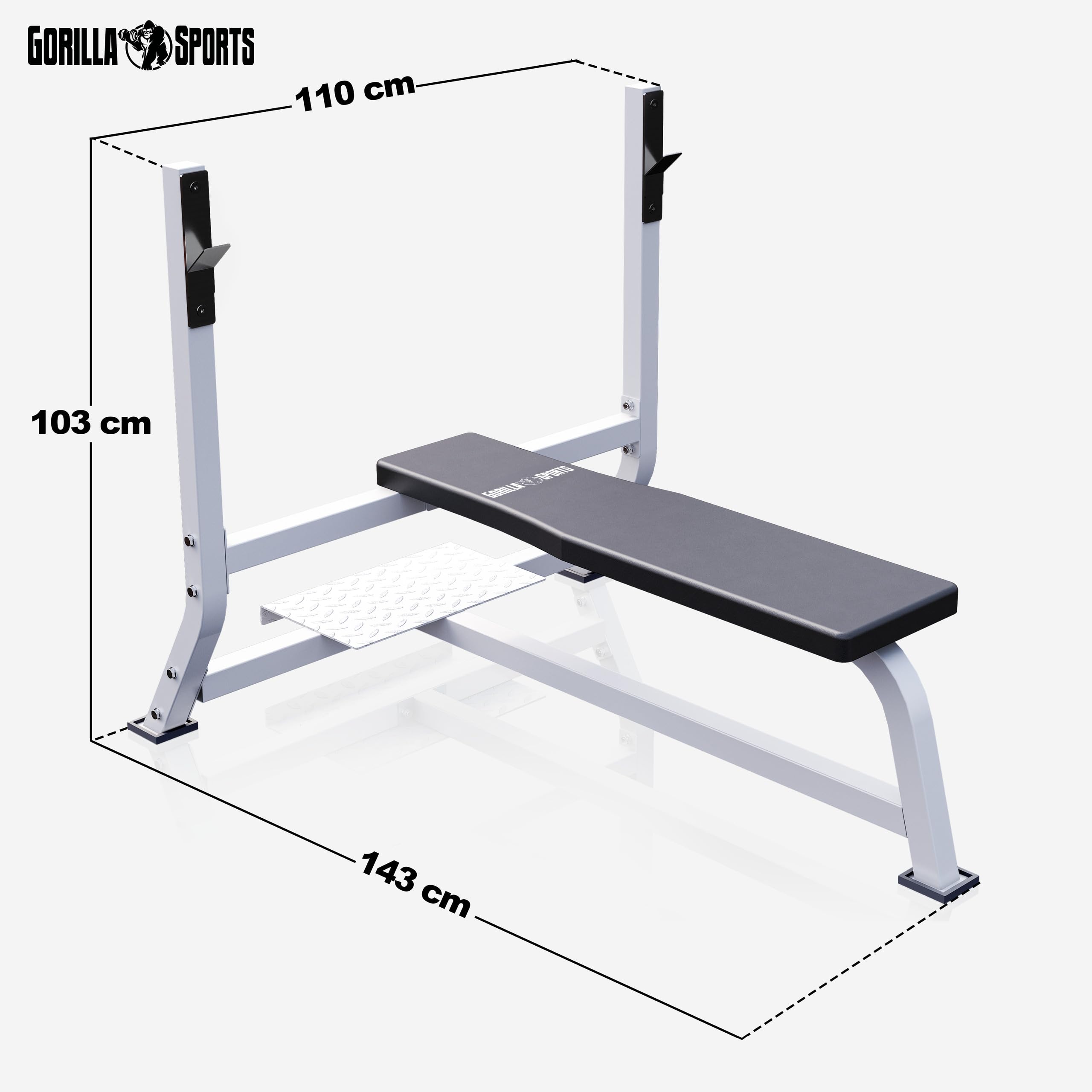 GORILLA SPORTS® Panca Pesi con Portabilanciere - Carico 250 kg, per Bilancieri da Più di 110 cm, Piedini Gommati, con Pedana, Bianco - Panca Piana Ampia, Rack, Palestra, Multifunzione, Fitness