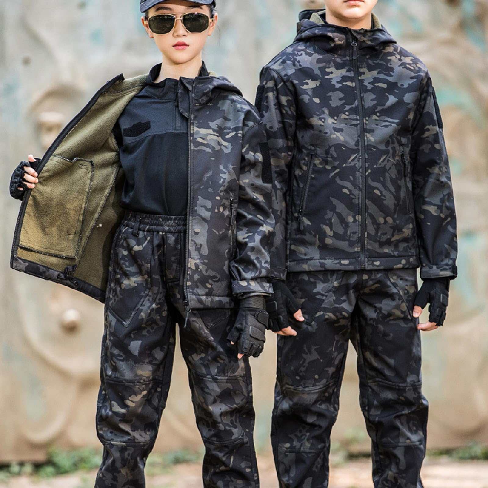 Enfant en Plein Air Vêtements Tactiques Ensembles Veste et Pantalon Softshell Doublé Polaire Airsoft Militaire Camouflage Hiver Combat Chasse Randonnée Camping pour Garçons Fille
