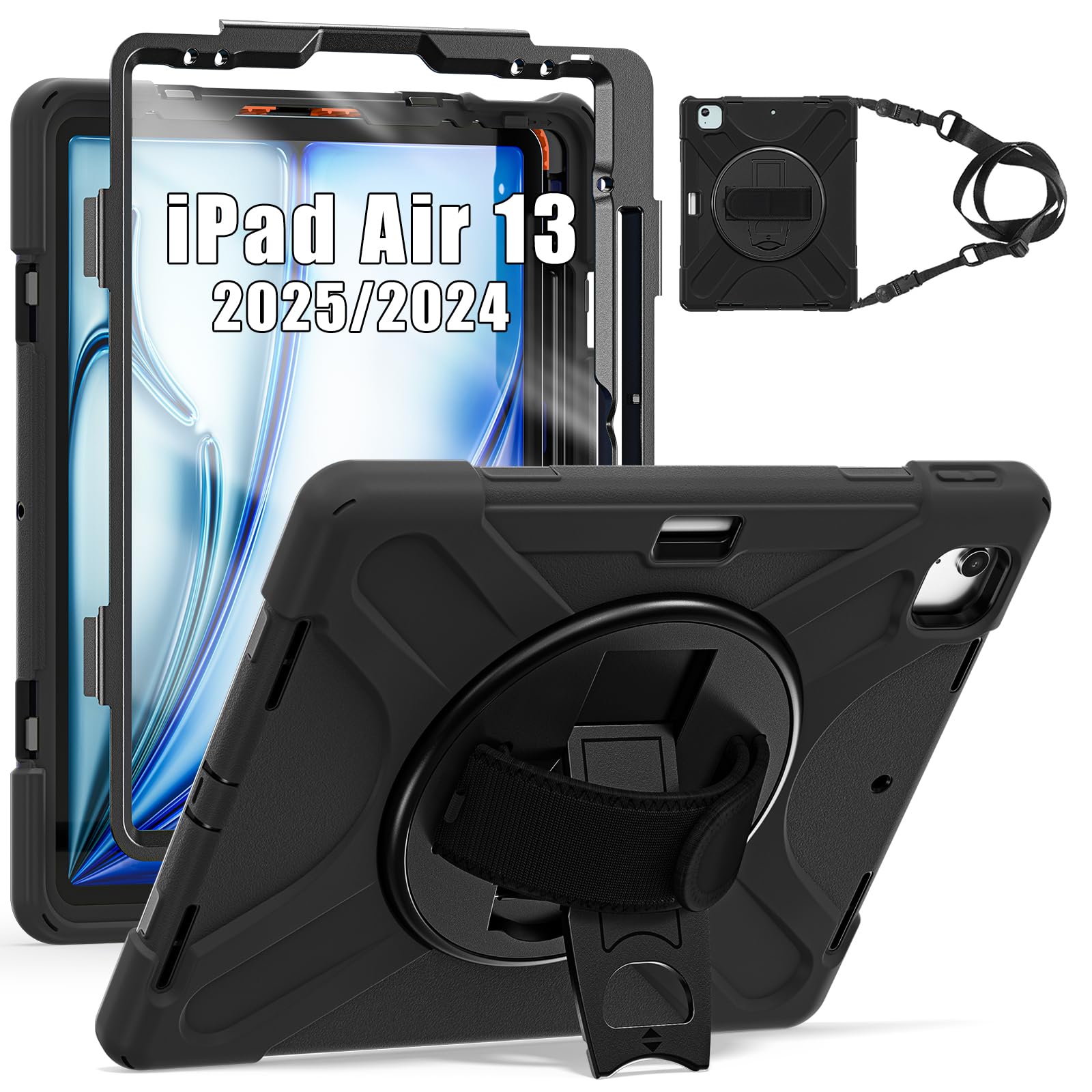 TSQQST Case for iPad Air 13 Inch M3 M2 2025 2024 with Screen Protector, Pencil Holder, Stand, Hand Strap, Military Grade Heavy Duty Rugged Case for