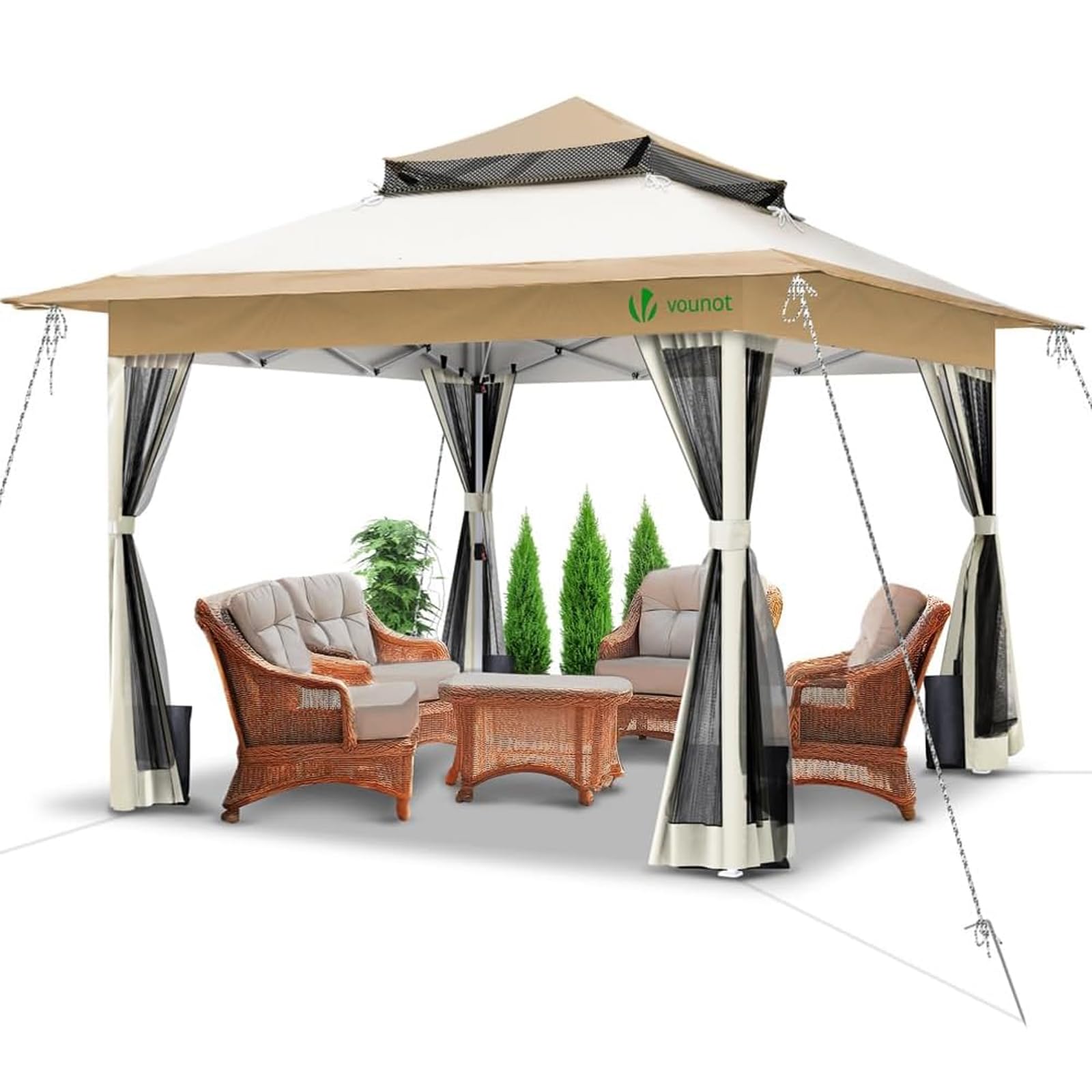 VOUNOT® Pavillon Faltbar 3,6x3,6m, Pop Up Partyzelt mit Mesh Sides & Doppeldach, Faltpavillon Stabil mit Bein Gewichte & Roller Bag, Gartenpavillon Gartenzelt Beige