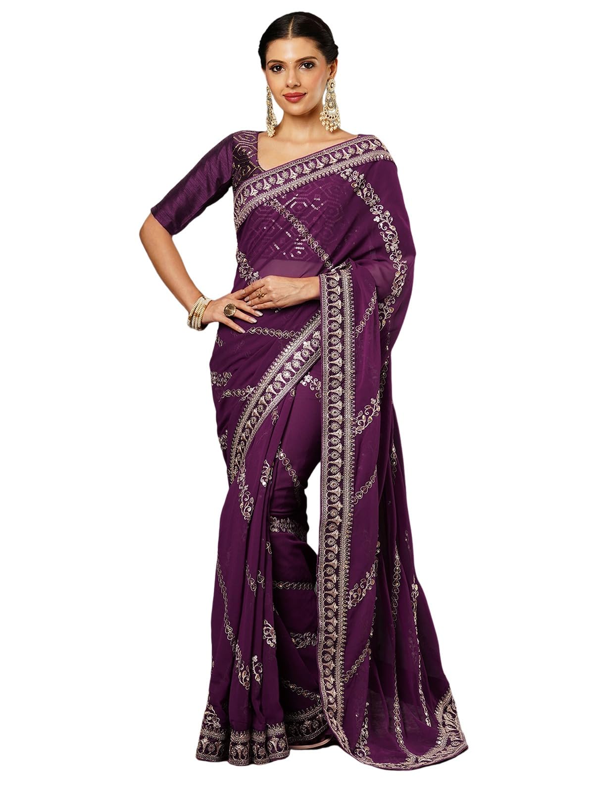 Satrani Women's Georgette Sequence Embroidery Saree With Unstitched Blouse Piece (3905S152N_Wine)