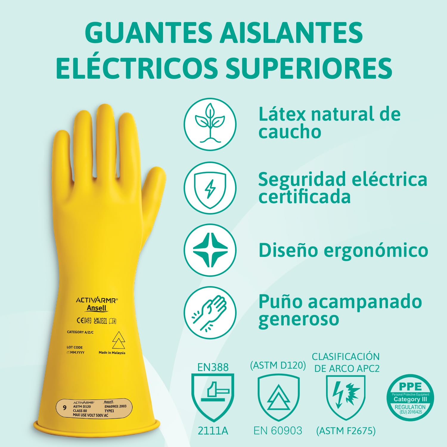 Ansell ActivArmr Guantes Aislantes Dieléctricos, Protección Eléctrica Class 00, Tensión 500V, Trabajos con Electricidad, Látex de Caucho Natural, 36 cm, Amarillo, Talla 2XL, 1 Par