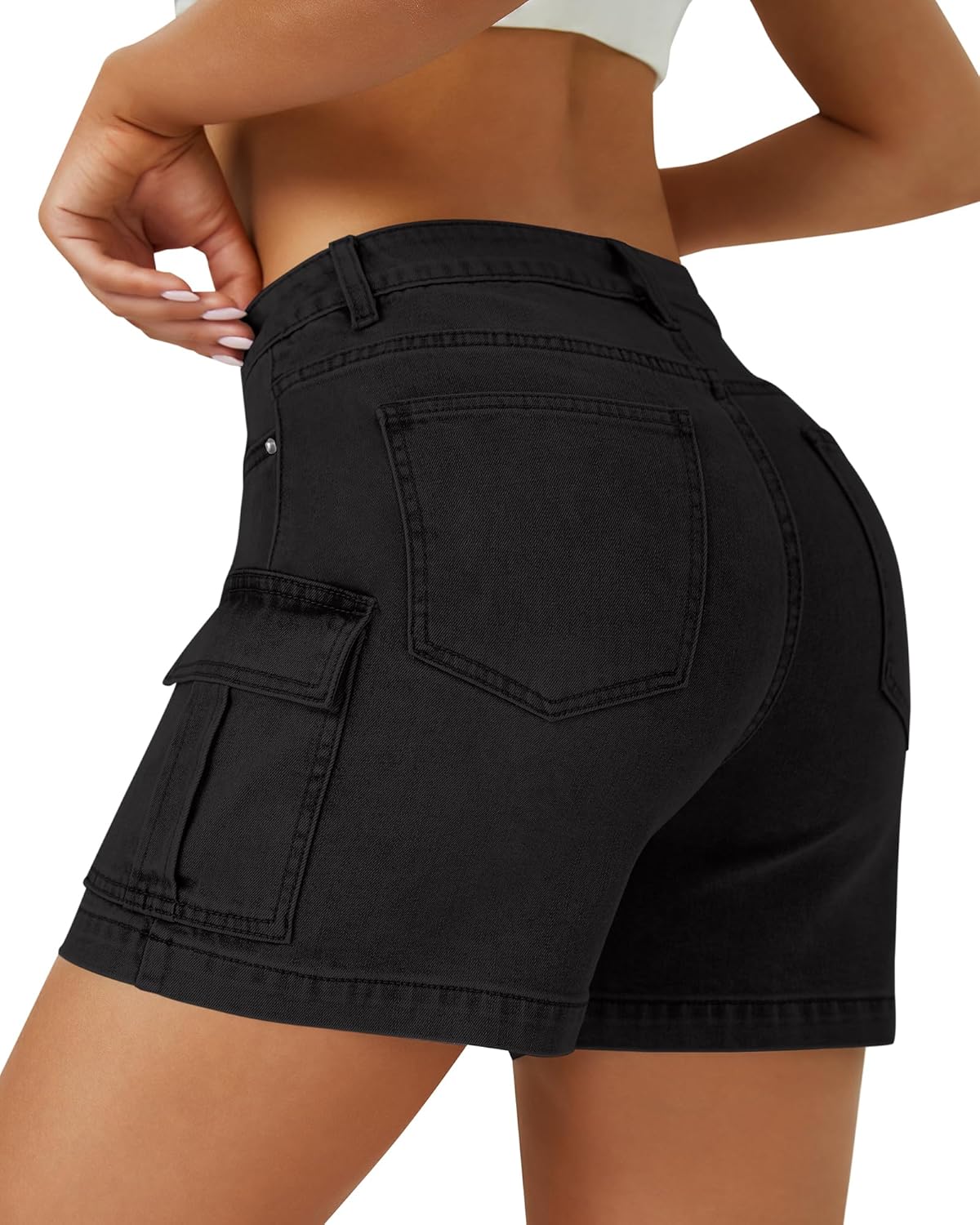 AUWUKA Womens Cargo Jean Shorts High Waisted Microelastic Straight Leg Long Denim Mom Shorts - Image 2