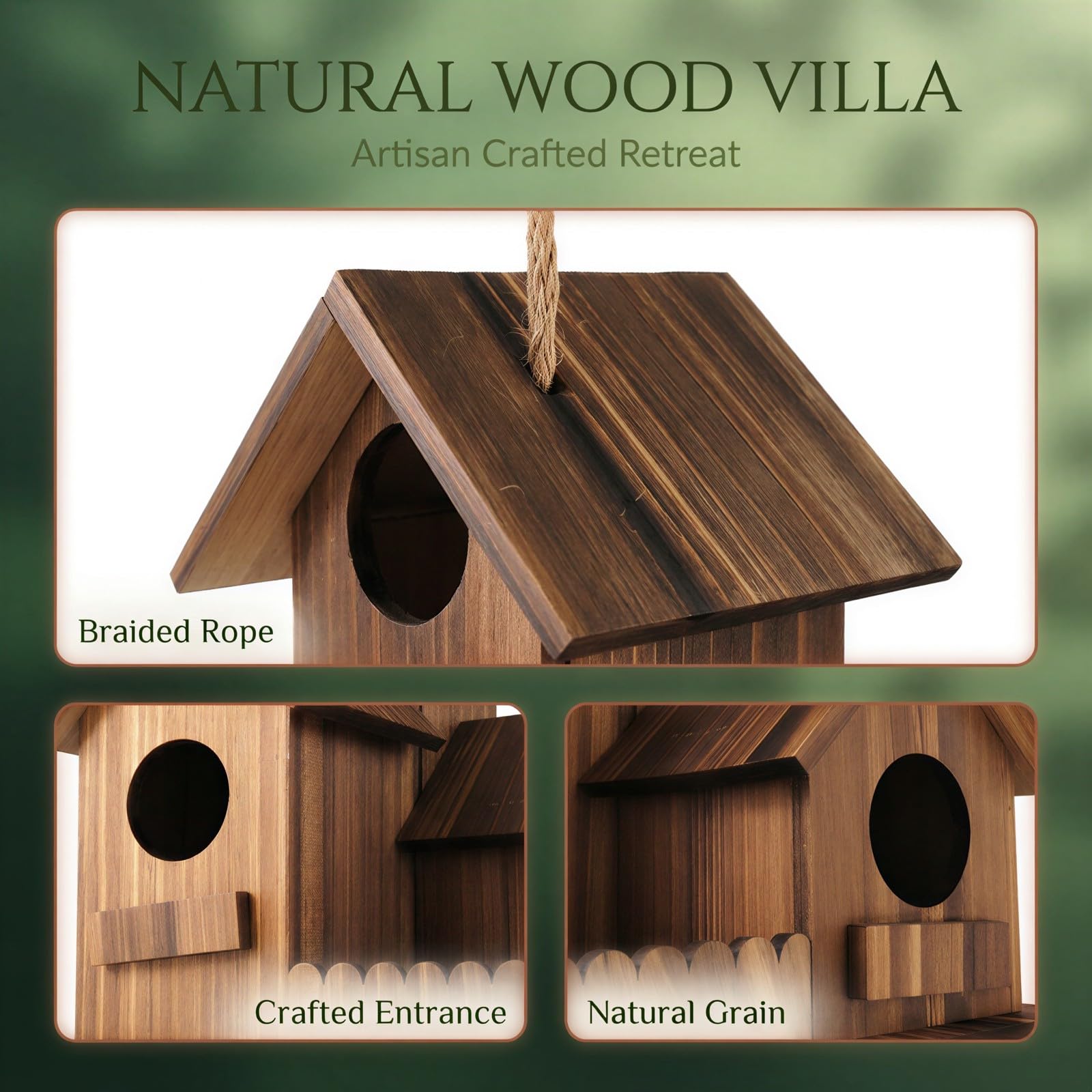 Vogelhaus für draußen, 3-Loch Holzvogelhaus mit 3 Räumen, Villa-Design zum Hängen, mit schrägem Dach und Umzäunungsplattform, für Garten, Hinterhof und Terrasse, Massivholz