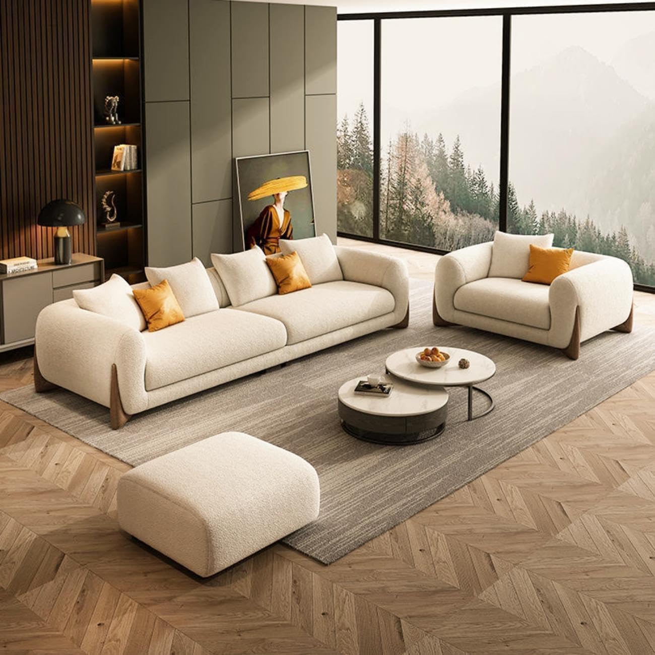 Chesterfield Velvet Upholstery 3-Seater with Armchair and Footrest, Design in 3+1+Footrest Sofa for Living Room, Bedroom, Hallways (Boucle, Beige)-picture-22