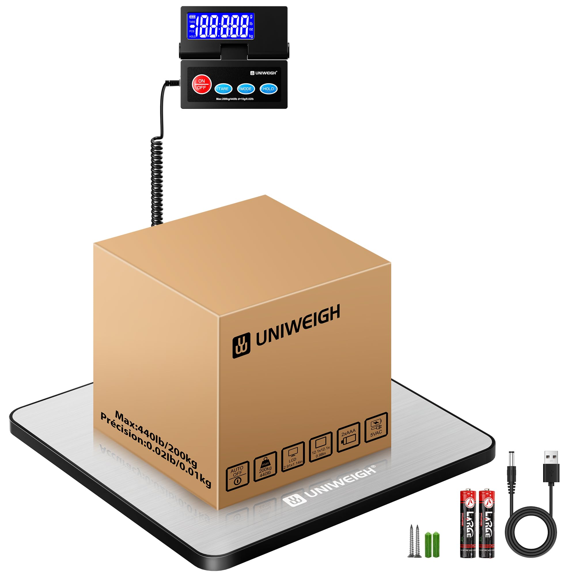 UNIWEIGH Balance postale précision 440 lb/10 g avec plate-forme acier inoxydable pour colis entrepôts