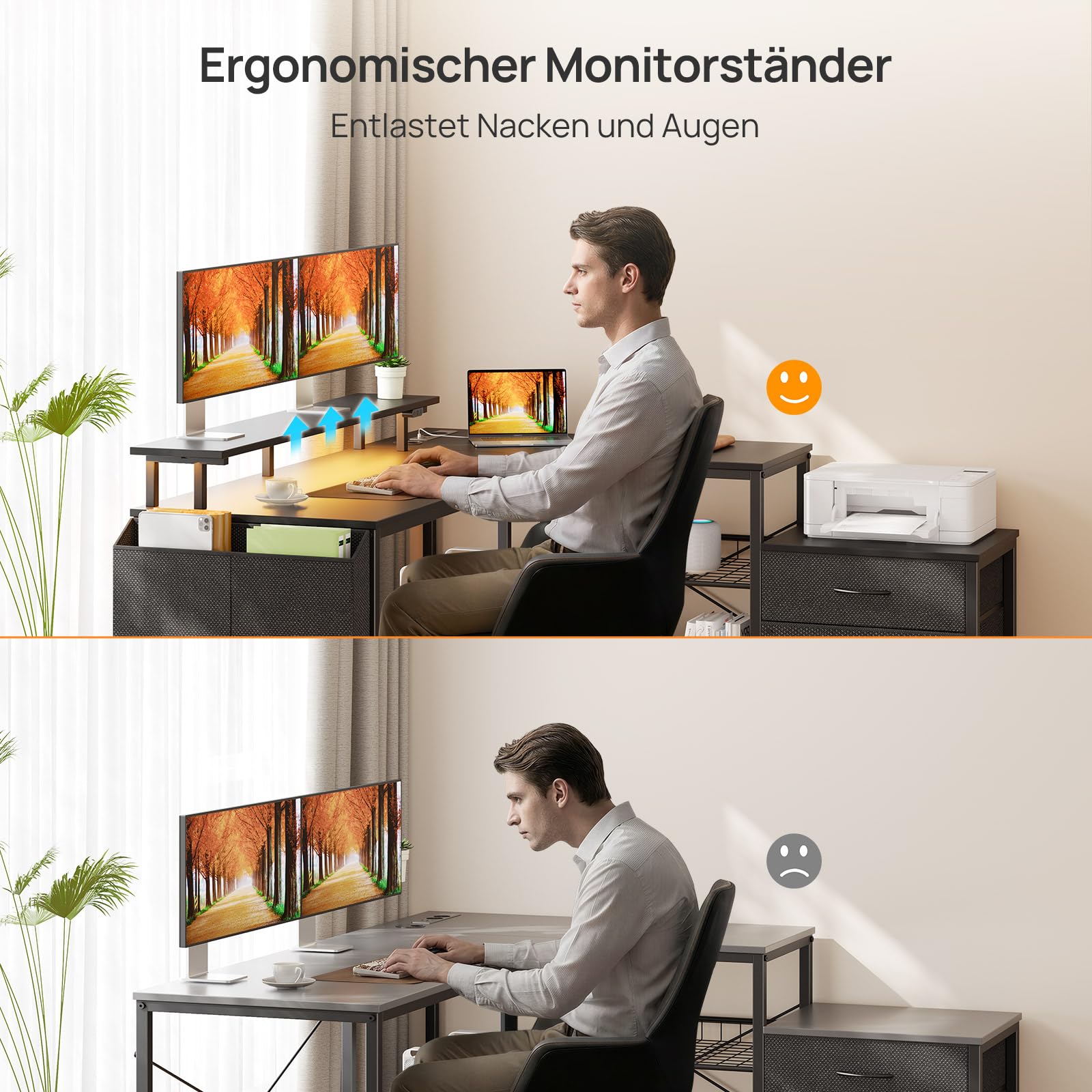 Seventable Schreibtisch L Form mit Ablageflächen, Gaming Tisch mit LED & Steckdosen, Computertisch mit Monitorständer für Homeoffice, Schlafzimmer, Wohnzimmer, Schwarz