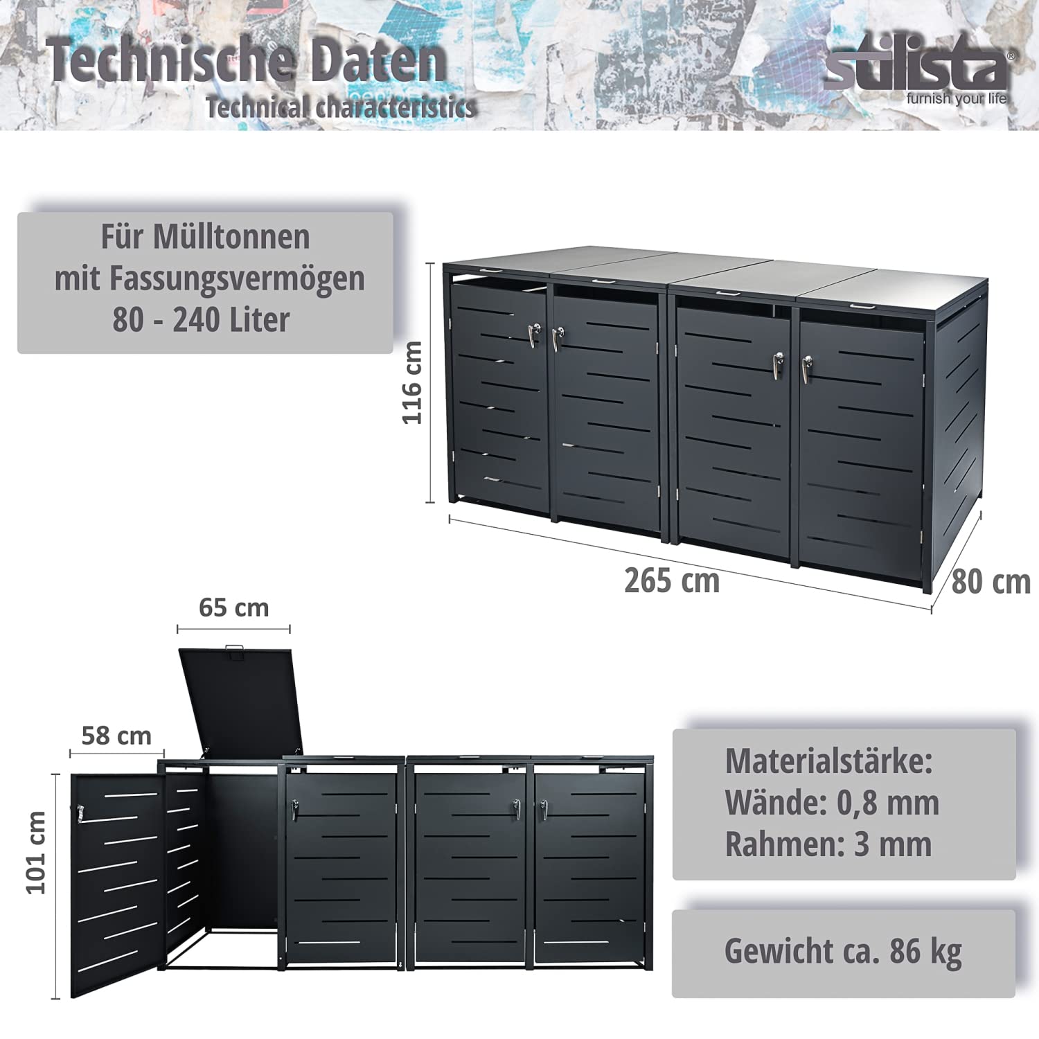 STILISTA Mülltonnenverkleidung aus Metall, für 4 Mülltonnen je 240 Liter, anthrazit