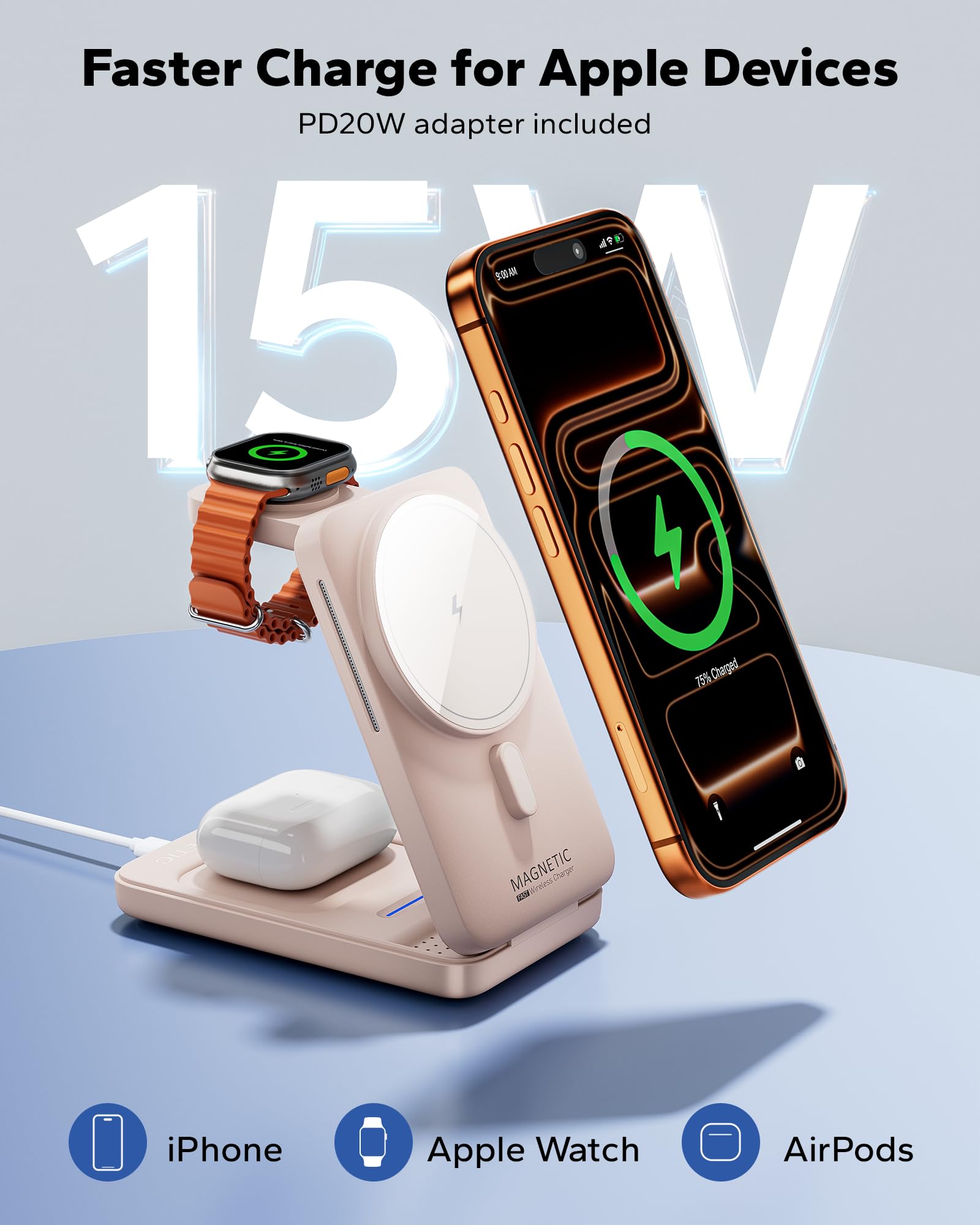 KPON Estación de carga plegable 3 en 1 para Magsafe, cargador de teléfono de viaje y reloj para dispositivos Apple, base de carga inalámbrica para iPhone 17 16 15 14 13 12 Series/Apple Watch/Airpods