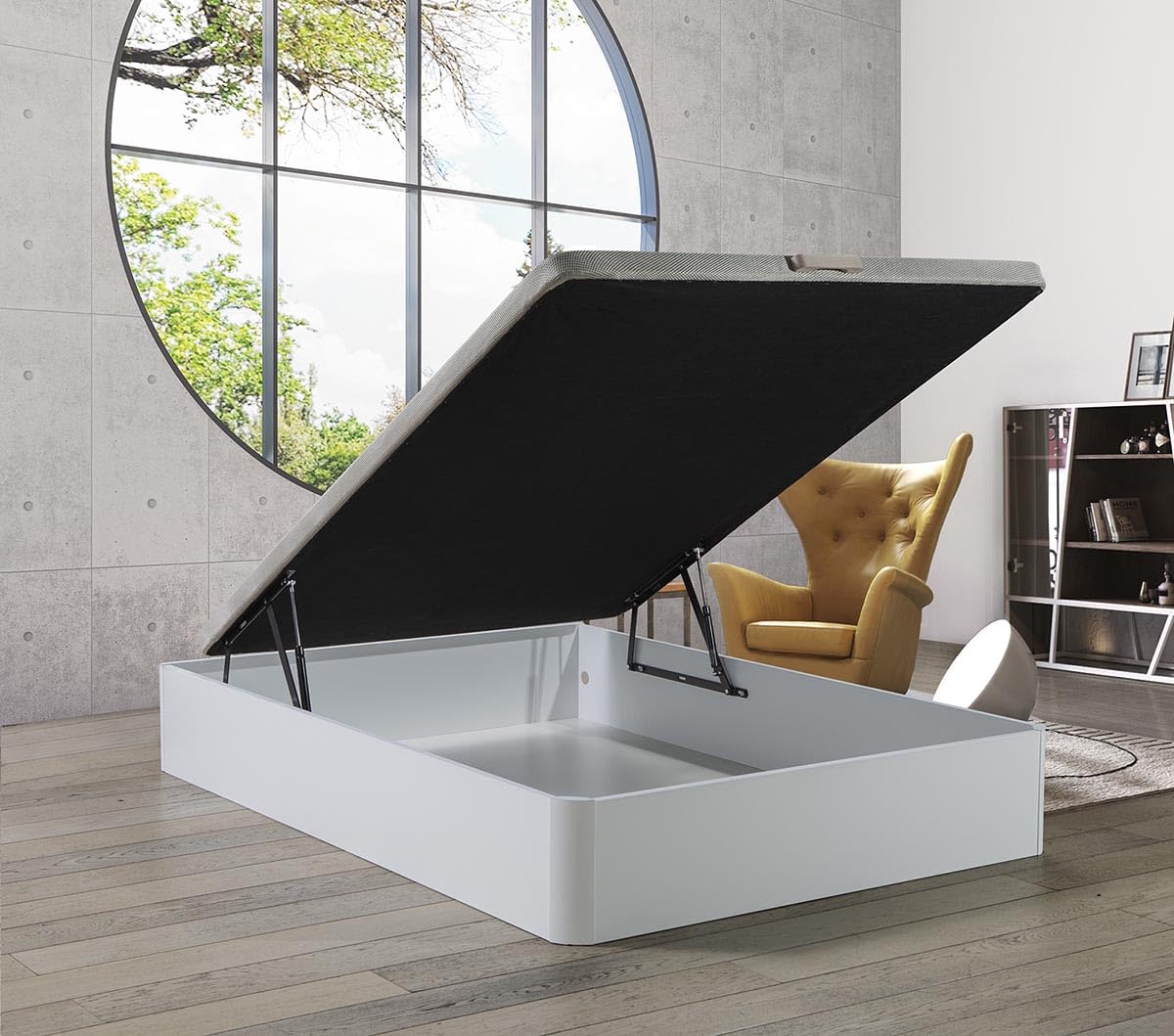 S & S SALDOS Y STOCKS Canapé Abatible Madera Gran Capacidad, Tapa Tapizada y Reforzada 3D - Cajón Grosor 22mm - Blanco 150X190cm Atenas