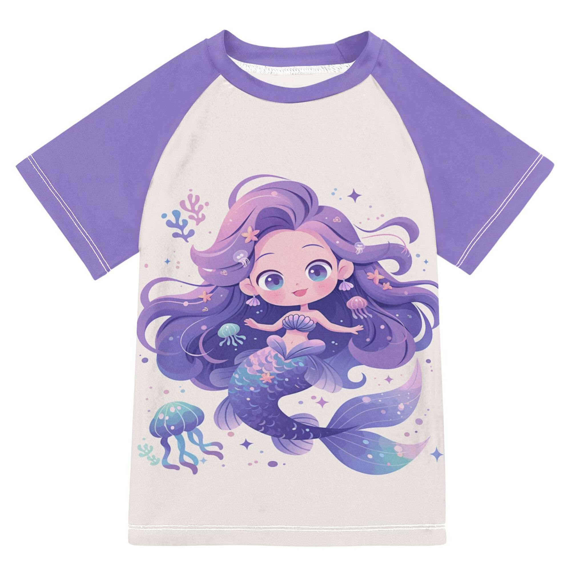 Cartoon Mermaid Kids Bathing Suit UV Protection Football Shirt Swimwear Beach Tops 3T