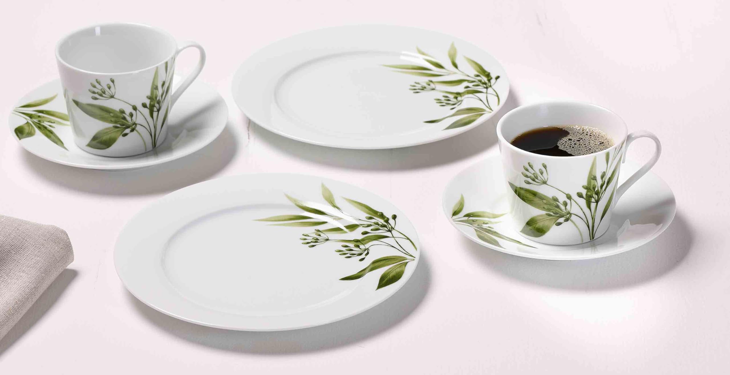 Ritzenhoff & Breker Evora Espressotassen mit Untertassen 6er Set, 100 ml, Zweig- und Blattmotive, Porzellan, Spülmaschinengeeignet, Weiß-Grün