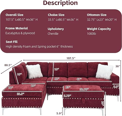 Miniatura 2 de Olodumare Juegos de muebles de sala de estar, sofá seccional en forma de L de 3 plazas con diván reversible extra ancho, otomana de almacenamiento y
