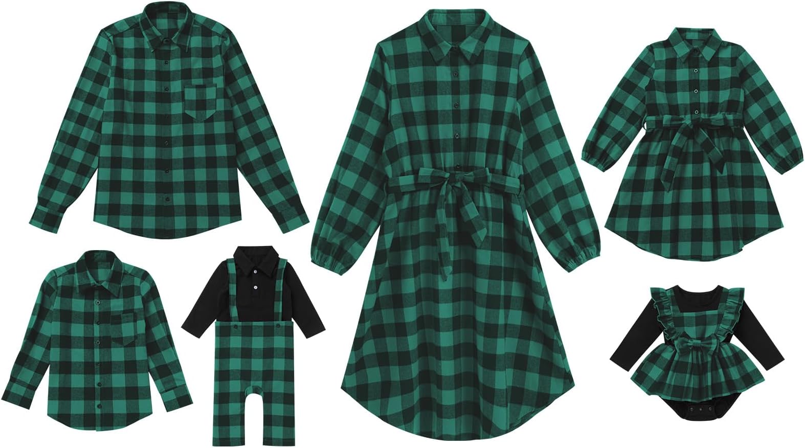 AWIBMKFamily Matching Outfits Christmas Green Red Plaid Mommy and Me Dresses Fall Winter Xmas Family Outfits for Photoshoot