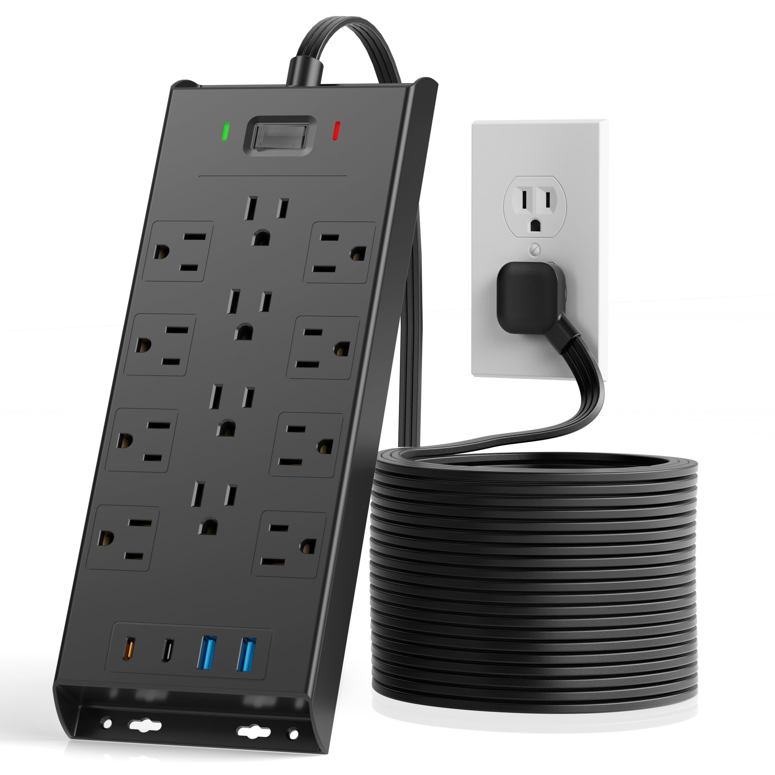 Surge Protector Power Strip 4800J, LeZone 10Ft Long Extension Cord Flat Plug, 12 Outlets 2 USB C 2 USB Ports, Wall Mountable, 20W Desk Charging Station, Black