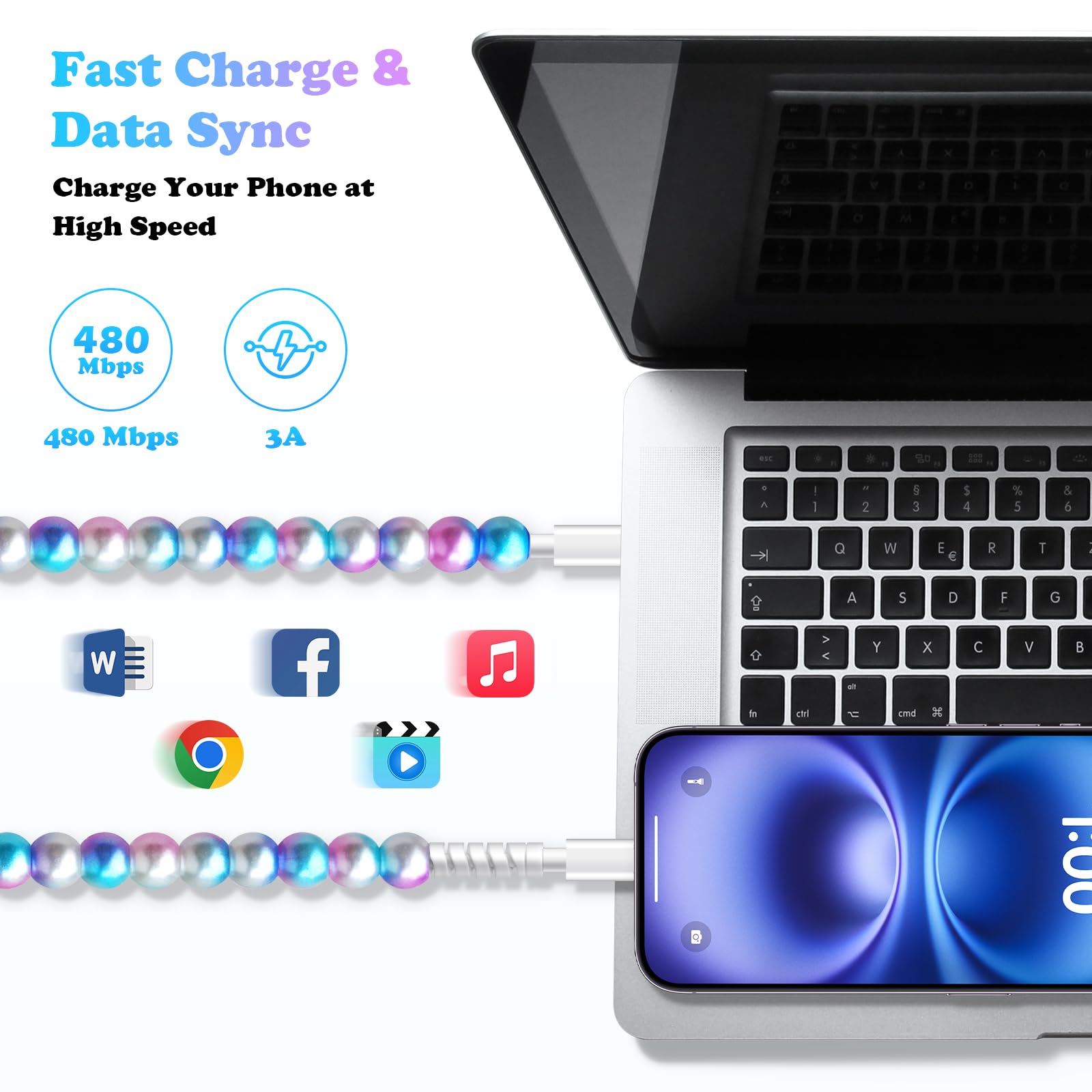 Kabel USB C do ładowania iPhone 16 1 m dziewczyny słodkie koraliki koraliki kabel do ładowania telefonu iPhone 16 Pro Max 15 Pro Max Plus Galaxy S25 S24 S23 S22