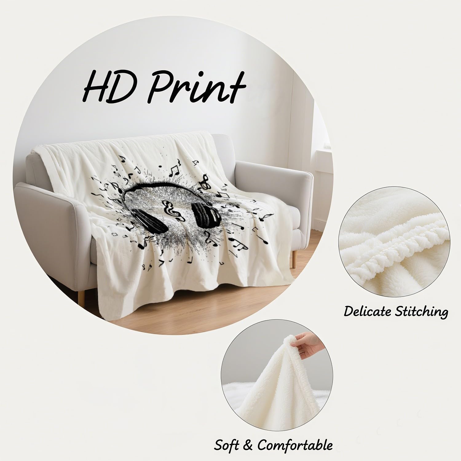 Genérico Manta de Franela Manta de Cama de Doble Cara y Extra Gruesa Frazada de Sofá Ligera y Suave al Tacto Mullida y Térmica 200 x 240 cm Genial Música Auriculares Negro
