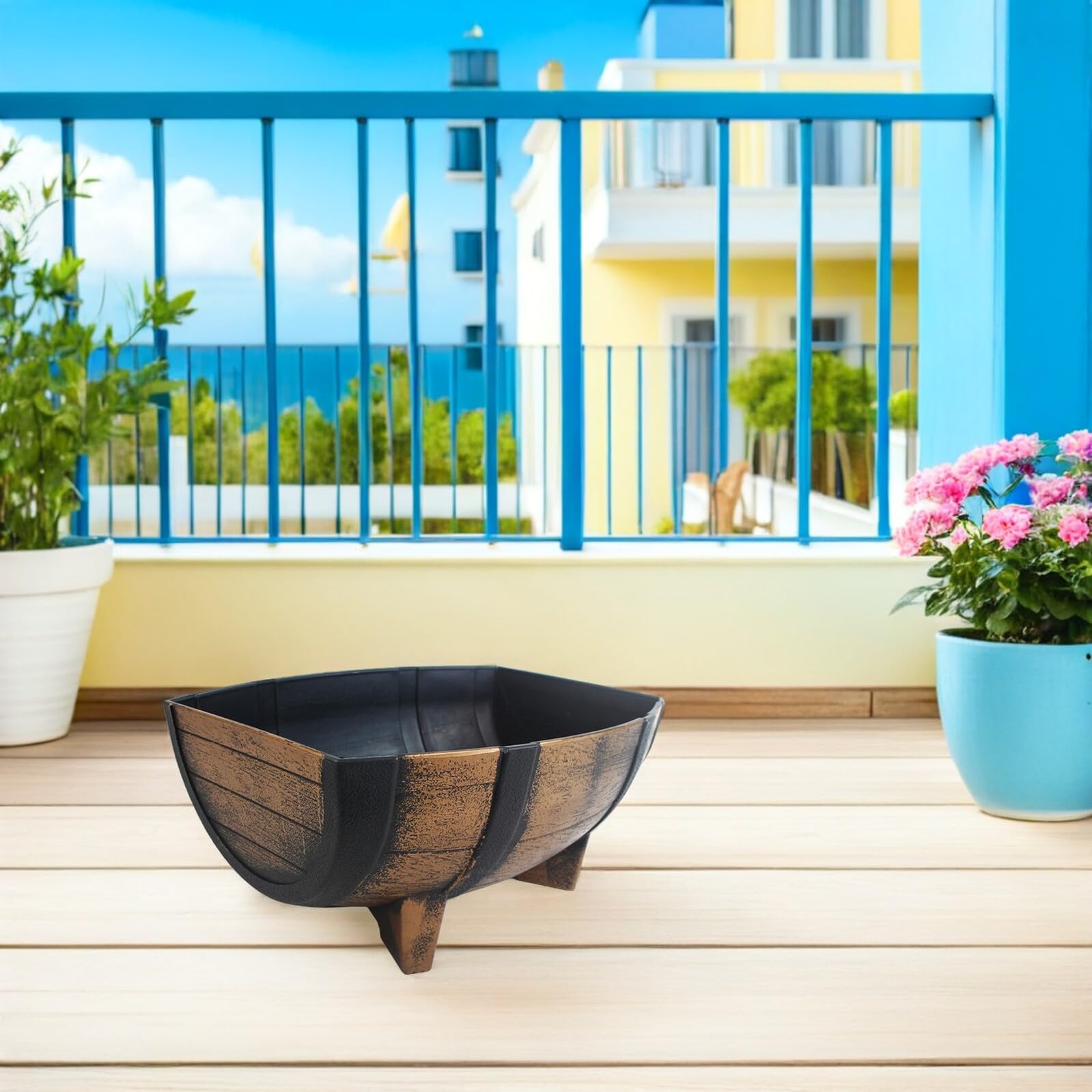 COLLBATH Jardinera de Medio Barril Rústica para Jardín Exterior E Interior, Maceta Estilo Granja 40,6x20,8 Cm, Plástico Resistente con Patas Elevadas para Mejor Drenaje y Decoración