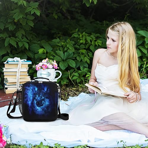 Miniatura 5 de Lonchera Galaxy Wolf para niños y niños, bolsa de almuerzo térmica reutilizable, bolsa de almuerzo térmica con correa de hombro ajustable extraíble