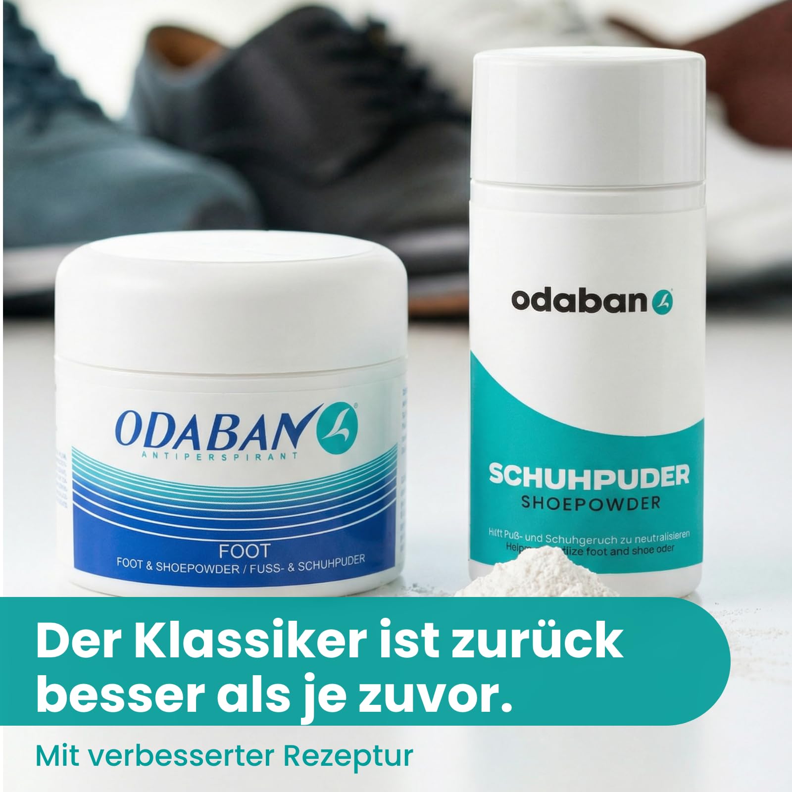 odaban® puder do stóp i butów | redukuje zapach stóp i butów | redukuje zarazki przeciwko bakteriom i grzybom | wiąże wilgoć dla długotrwałej świeżości | idealny do stóp i butów sportowych |2 x 50 g