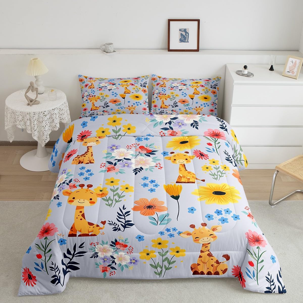 Erosebridal Giraffe Comforter Set Cute Giraffes Bedding Toddler Size for Girls Kids Teens Kawaii Cartoon Floral 2Pcs Bedding Sets, 3D Animal Print Duvet Set with 1 Pillowcase, Christmas Reverse
