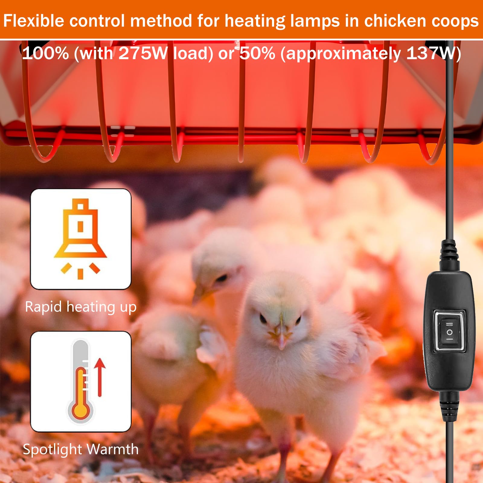 Lámpara de luz roja para pollitos: 275 W, lámpara de calefacción, gallinero con interruptor de ahorro, placa de calor para pollitos con cable de 2 metros, lámpara infrarroja termostática